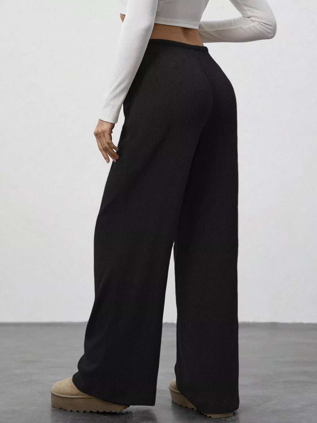 Relaxed Fit Drawstring Pants, black ribbed knit joggers with pockets
