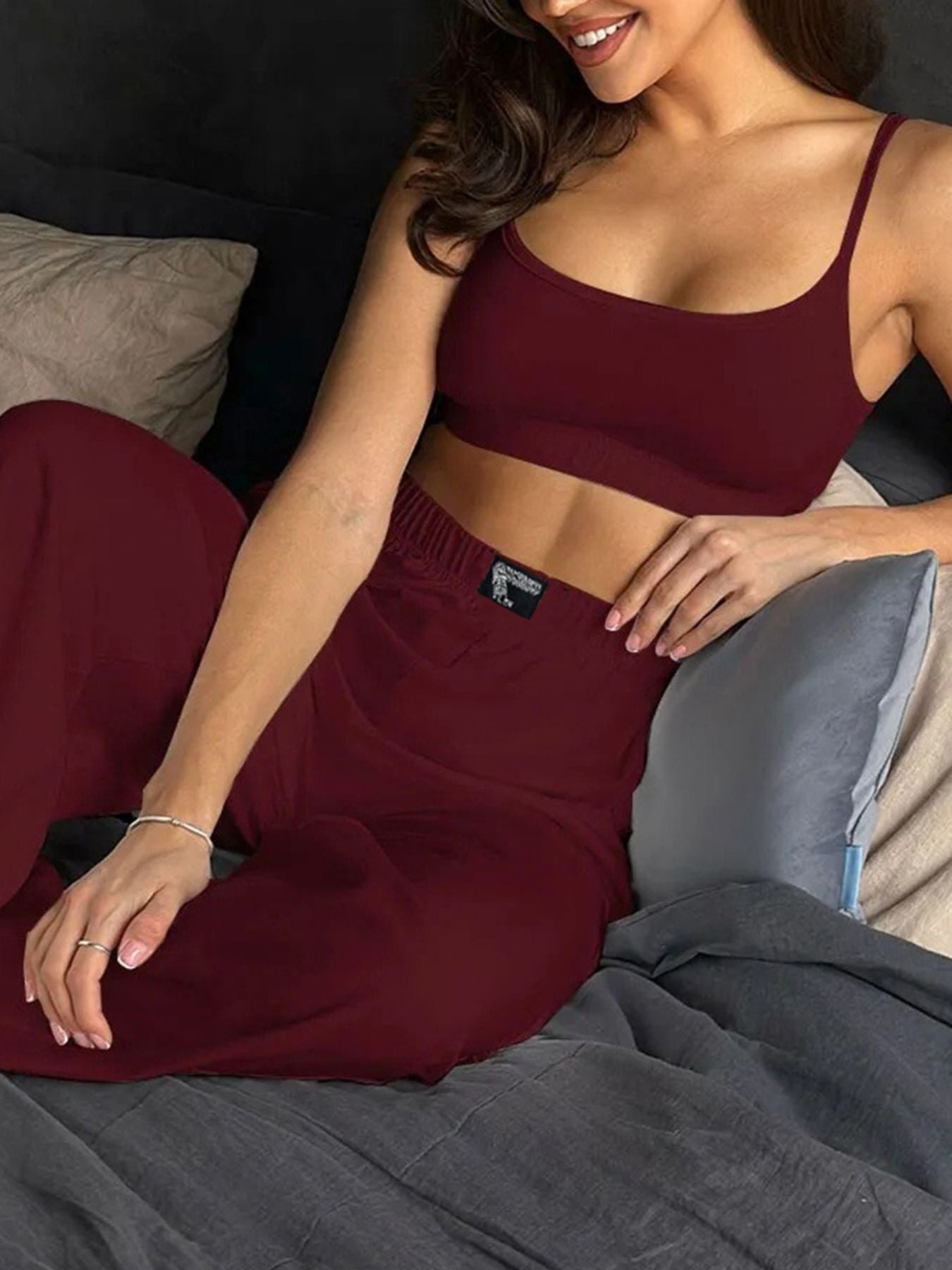 Scoop Neck Cami and Pants Set by Trendsi in burgundy; women's lounge wear.