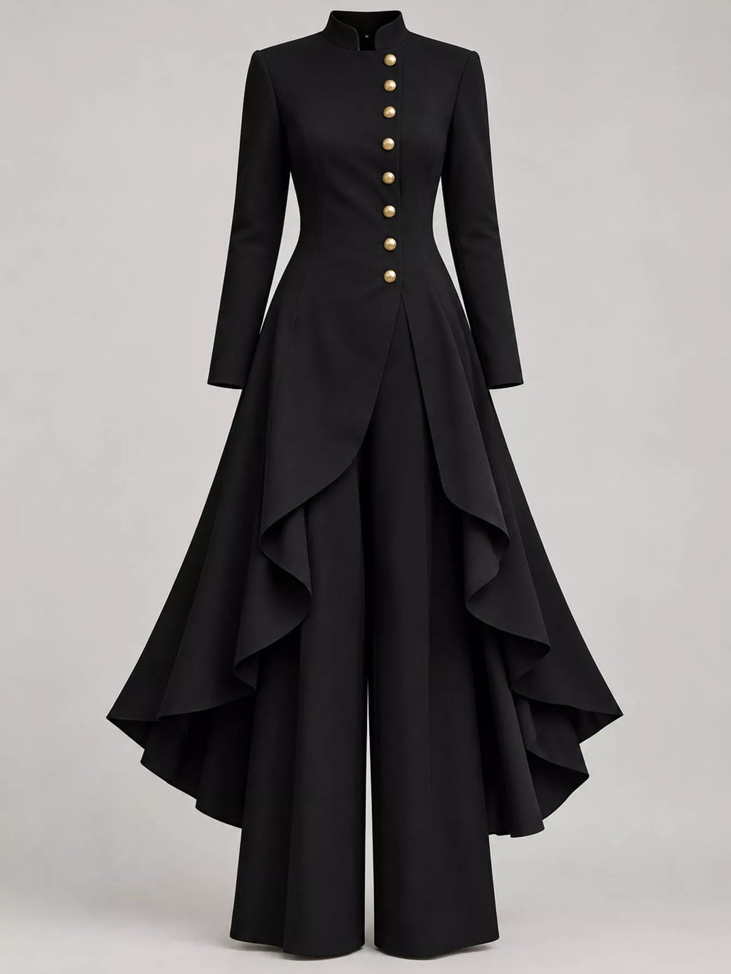 Ruffled High-Low Button Tunic & Wide-Leg Pants Set in Black by Belle Bijouix – view 13 of 82