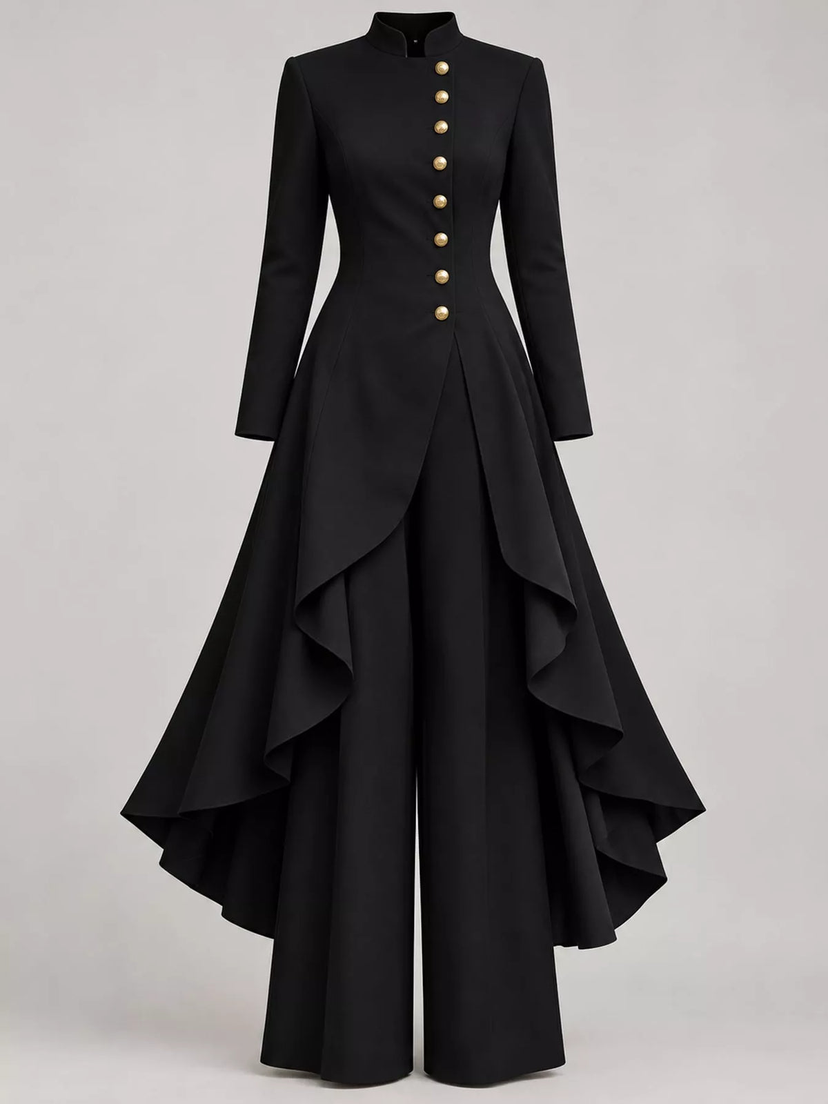 Ruffled High-Low Button Tunic & Wide-Leg Pants Set in Black by Belle Bijouix – view 13 of 82