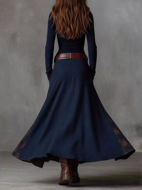 Button Front Plaid Patchwork Maxi Dress