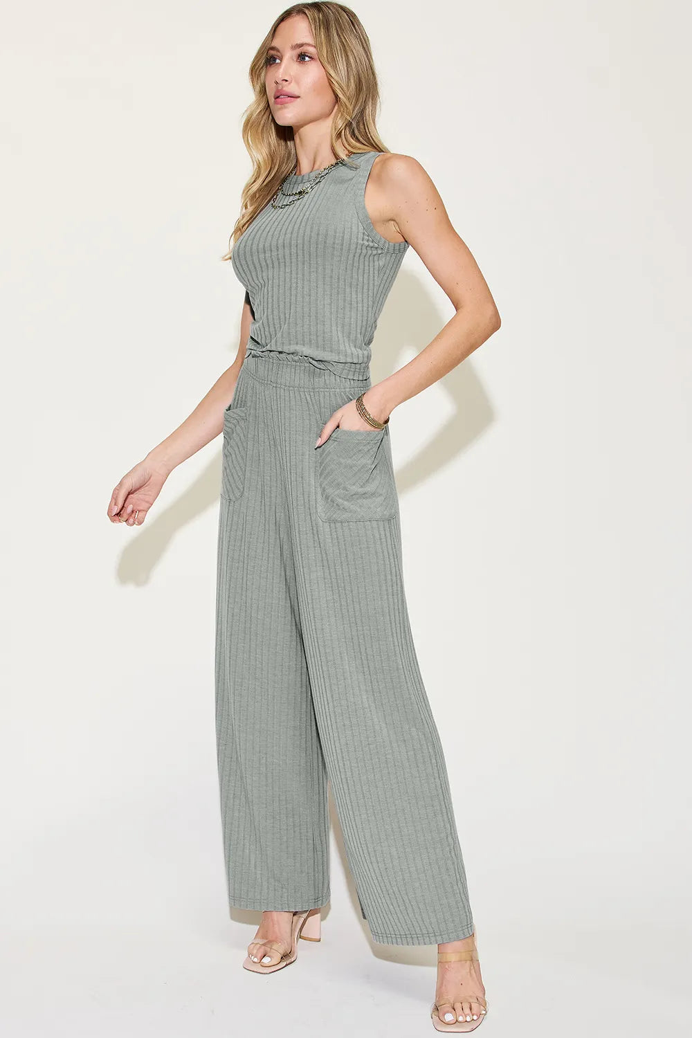 Two-piece Basic Bae ribbed tank and wide-leg pants set by Belle Bijouix in grey knit with patch pockets.