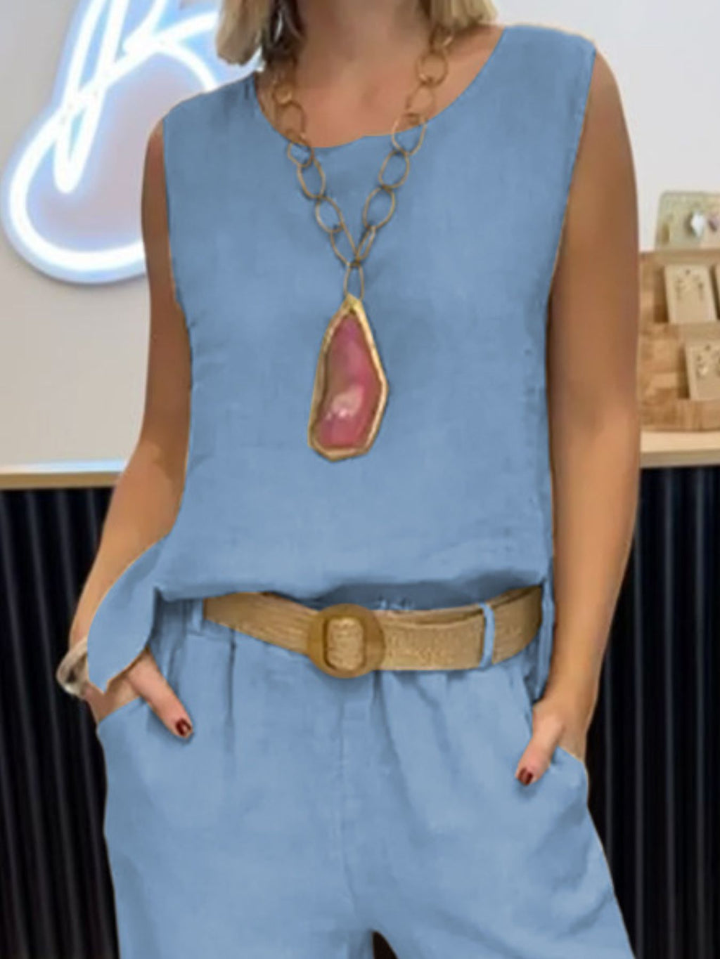 Full-size blue round-neck tank top and pants set with tan belt