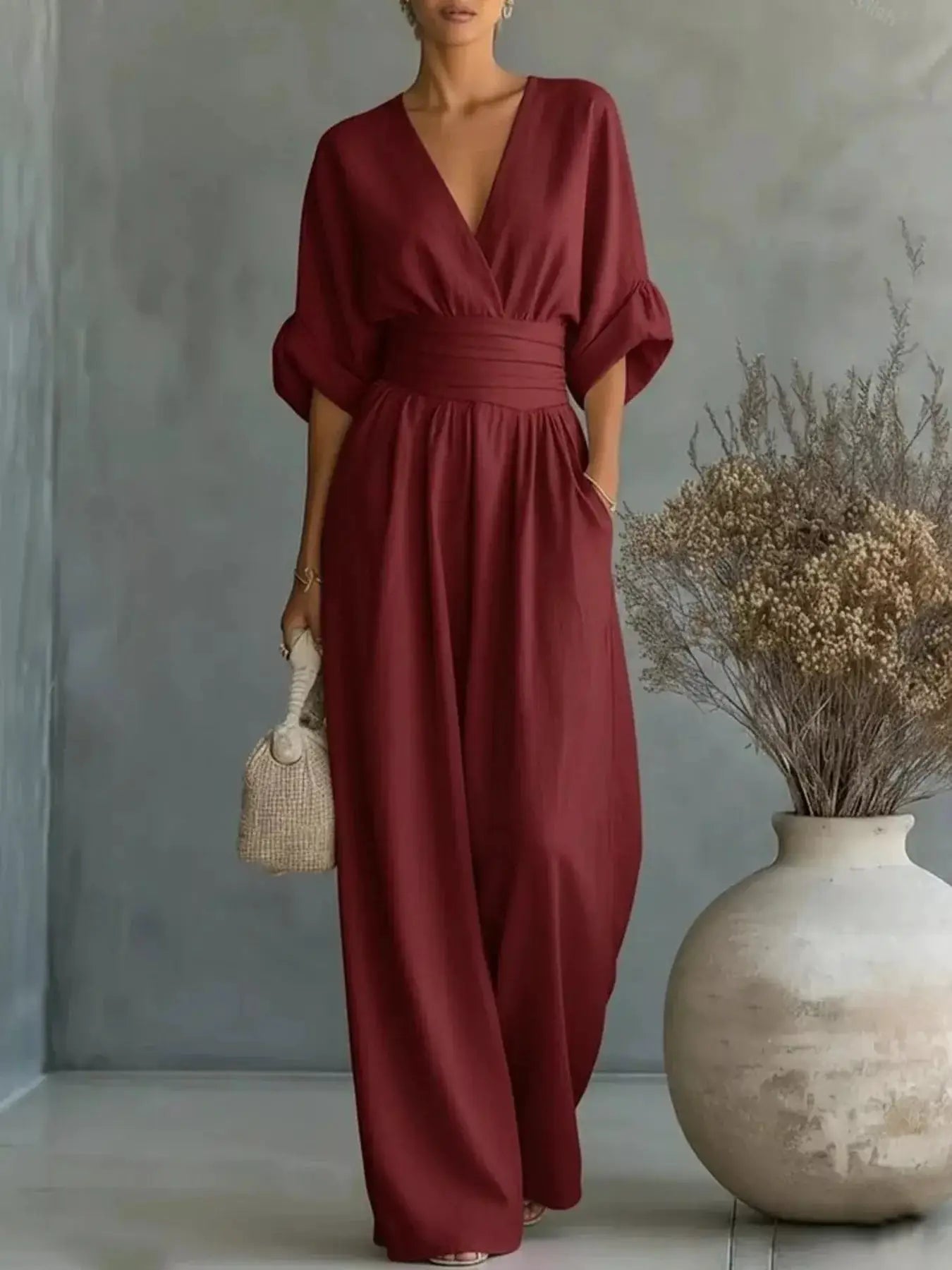 Full Size Half Sleeve Wide-Leg Jumpsuit Plus Size by Belle Bijouix, burgundy V-neck