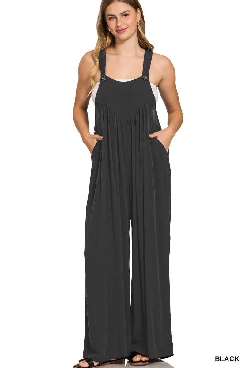 Zenana Woven Rayon Crepe Wide-Leg Overalls in Black with pockets