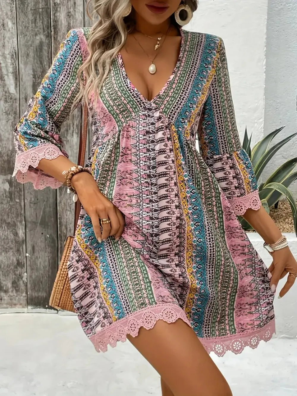 Lace Trim Printed V-Neck 3/4 Sleeve Dress, multicolor boho pattern with pink lace trim at cuffs and hem