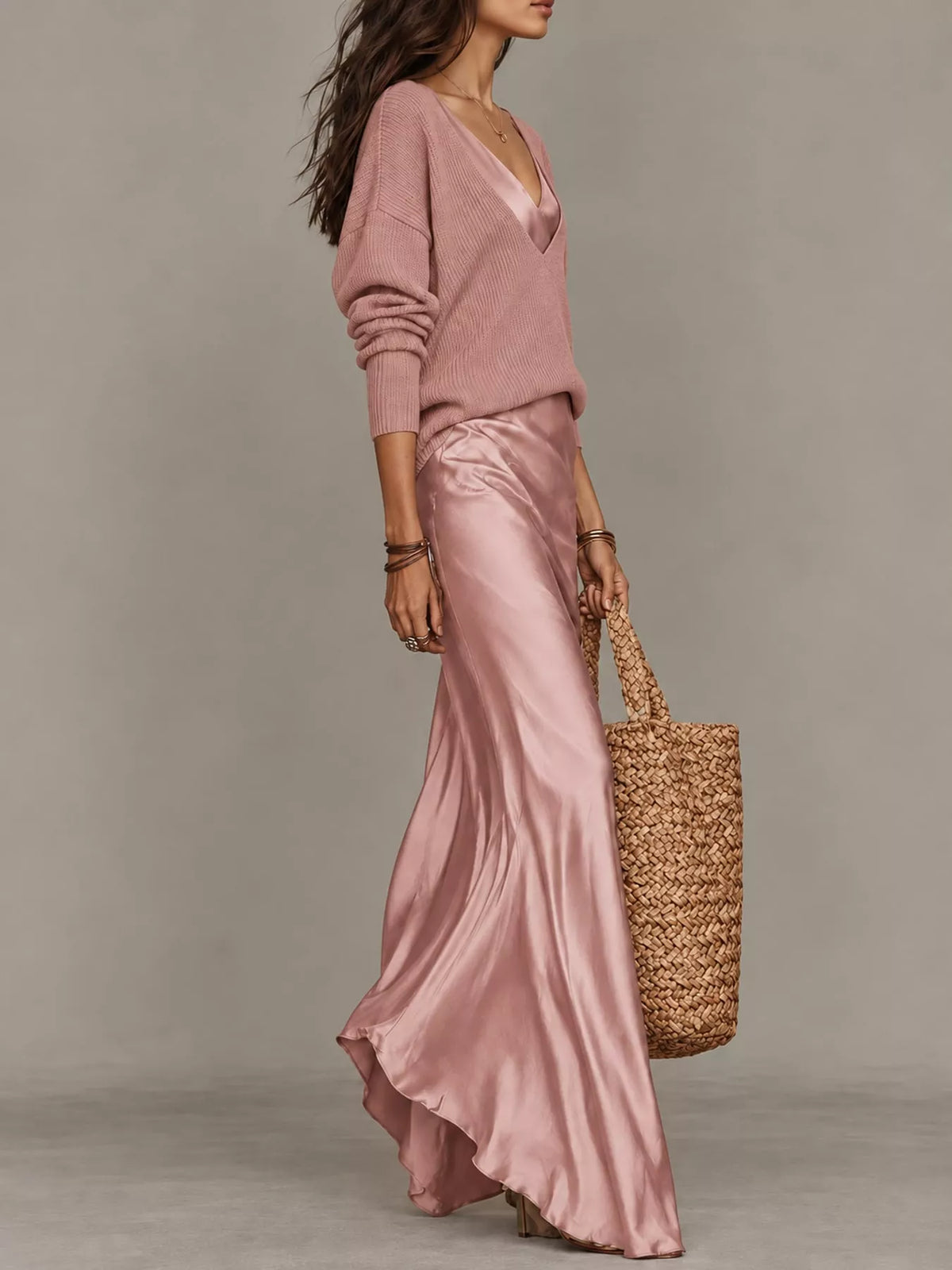 V-Neck Sweater & Satin Slip Maxi Dress Set in Pink by Belle Bijouix – view 38 of 41