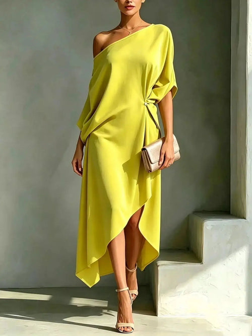 Plus-size Belle Bijouix asymmetrical one-shoulder draped dress in lime yellow with side knot