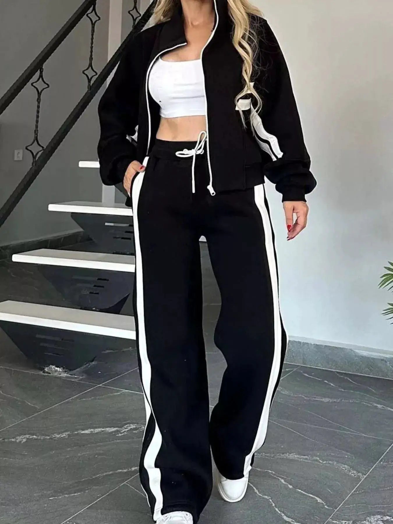 Belle Bijouix plus-size striped zip-up jacket and pants set, black with white side stripes