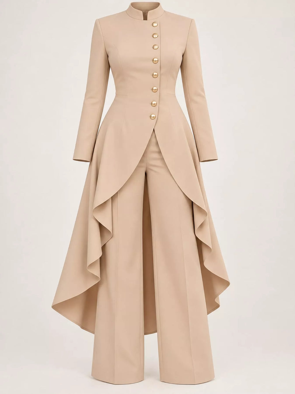 Ruffled High-Low Button Tunic & Wide-Leg Pants Set in Khaki by Belle Bijouix – view 56 of 82