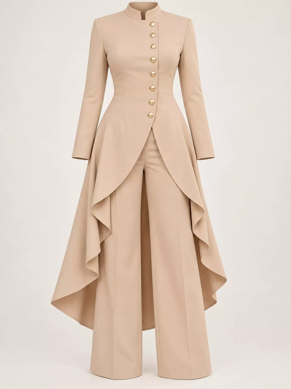 Ruffled High-Low Button Tunic & Wide-Leg Pants Set in Khaki by Belle Bijouix – view 56 of 82