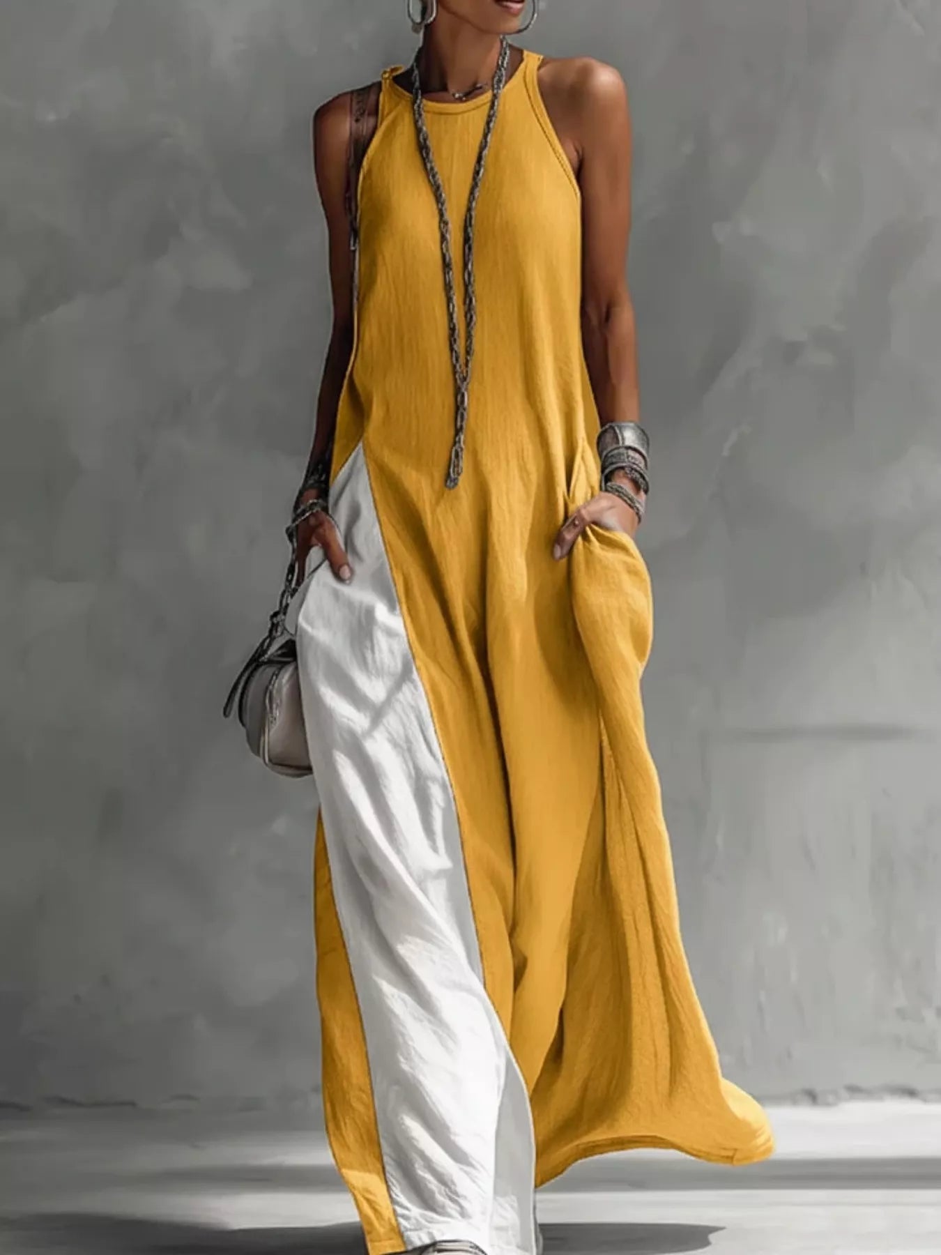 Two-Tone Sleeveless Maxi Dress by Trendsi, mustard yellow and white color-block.