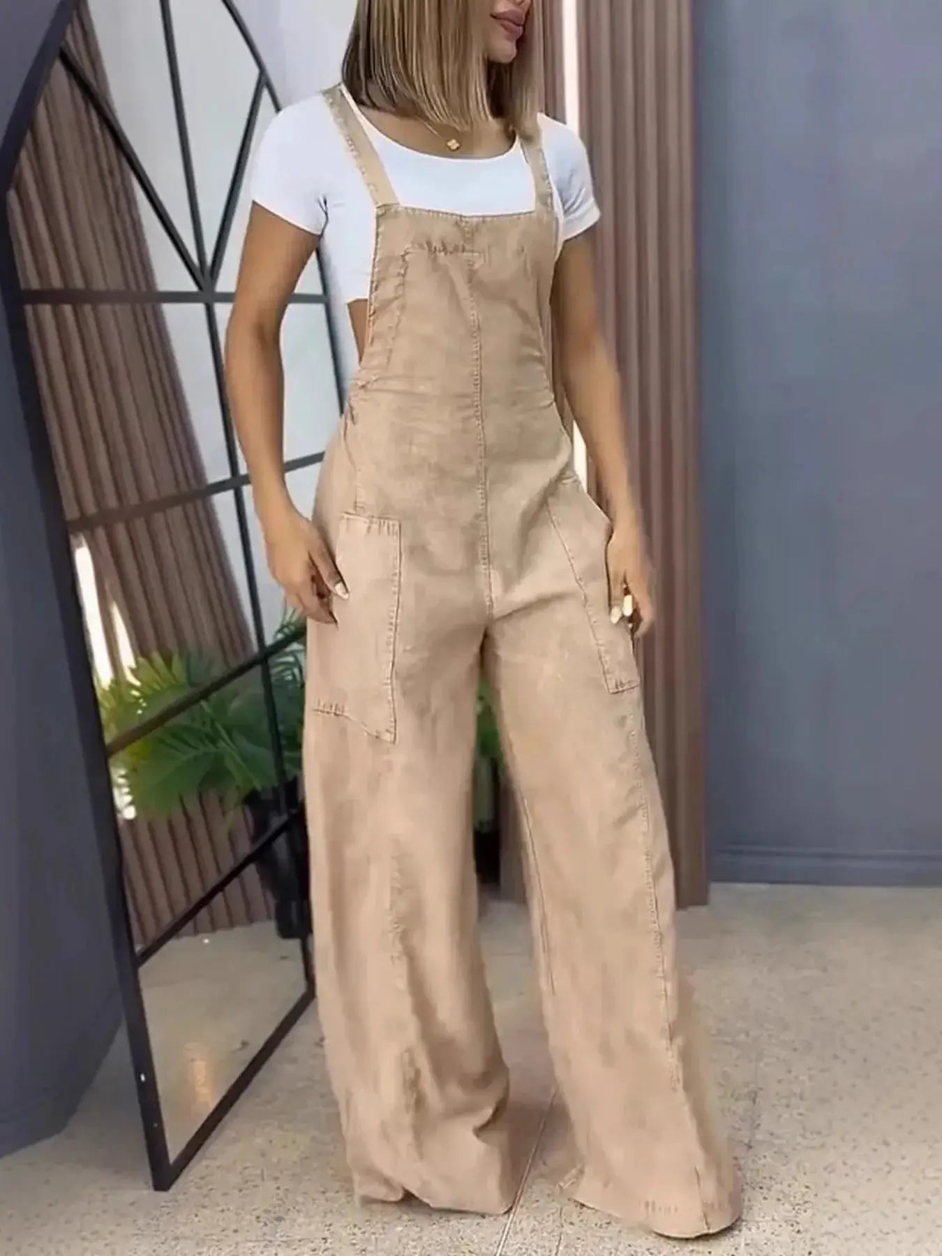 Full Size Wide Leg Denim Overalls by Belle Bijouix in beige