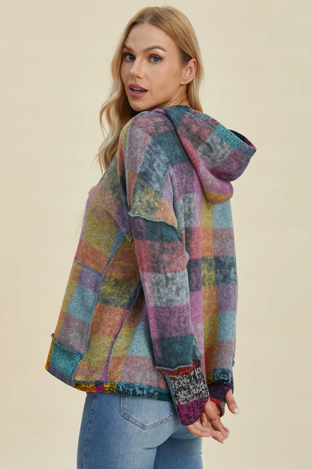 Double Take Full Size Plaid Dropped Shoulder Fleece Hoodie by Belle Bijouix, multicolor plaid hooded sweatshirt