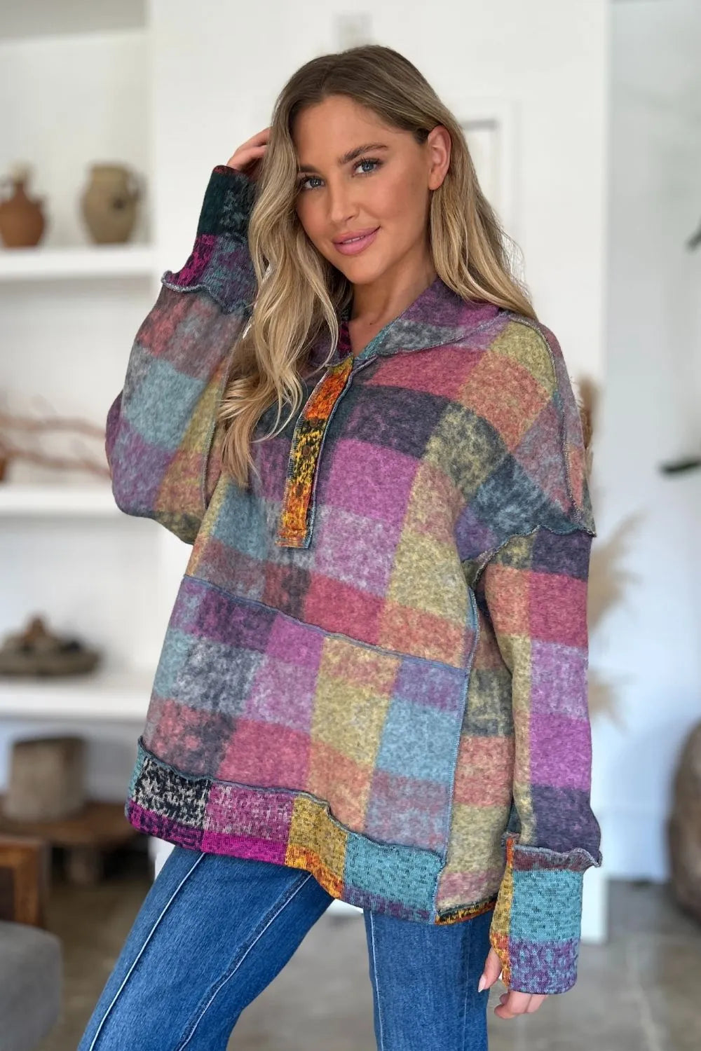 Double Take full-size plaid fleece hoodie, multicolor patchwork, dropped-shoulder, cozy top