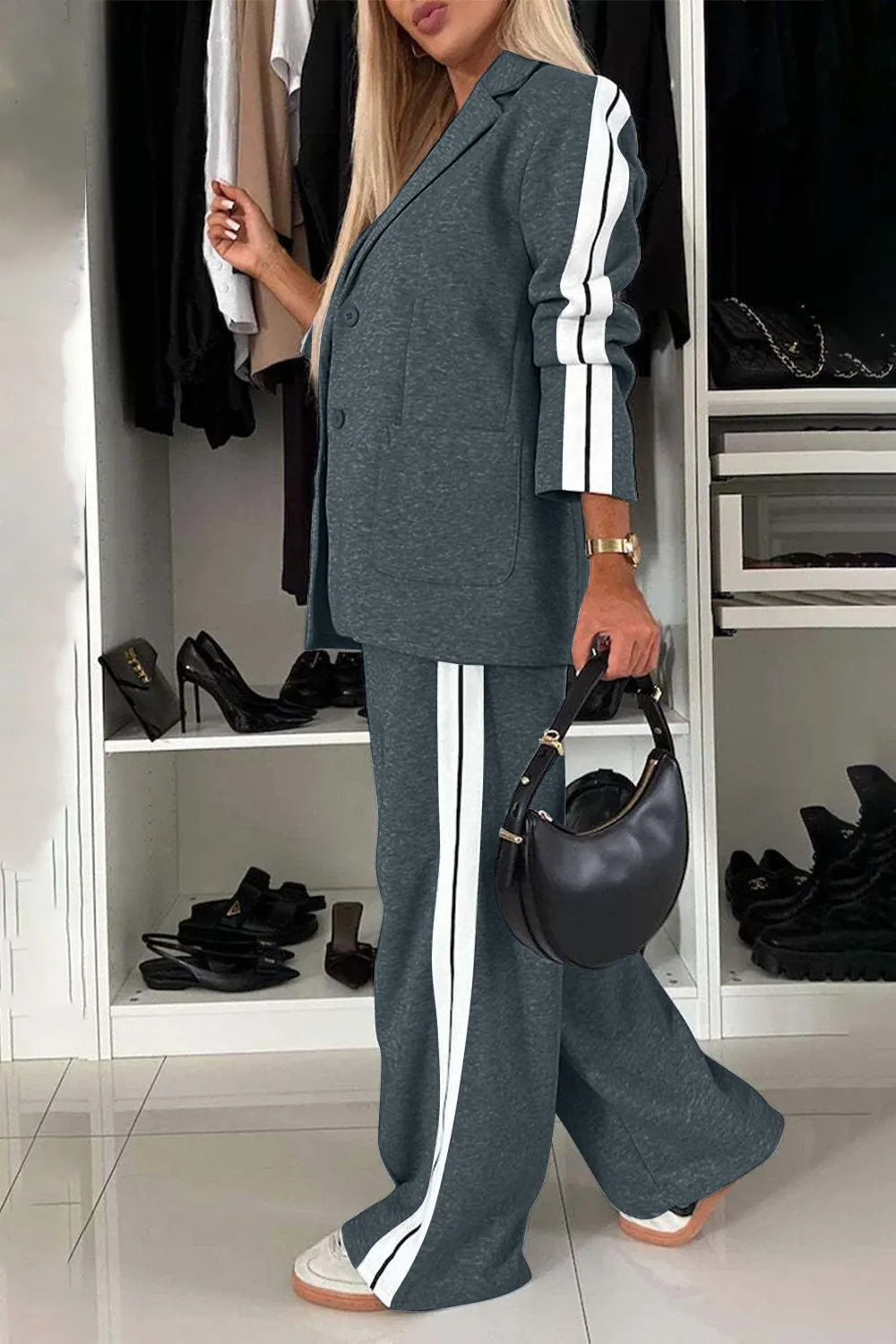 Full Size Contrast Lapel Collar Top and Pants Set in teal knit with white side stripes; buttoned and pocketed