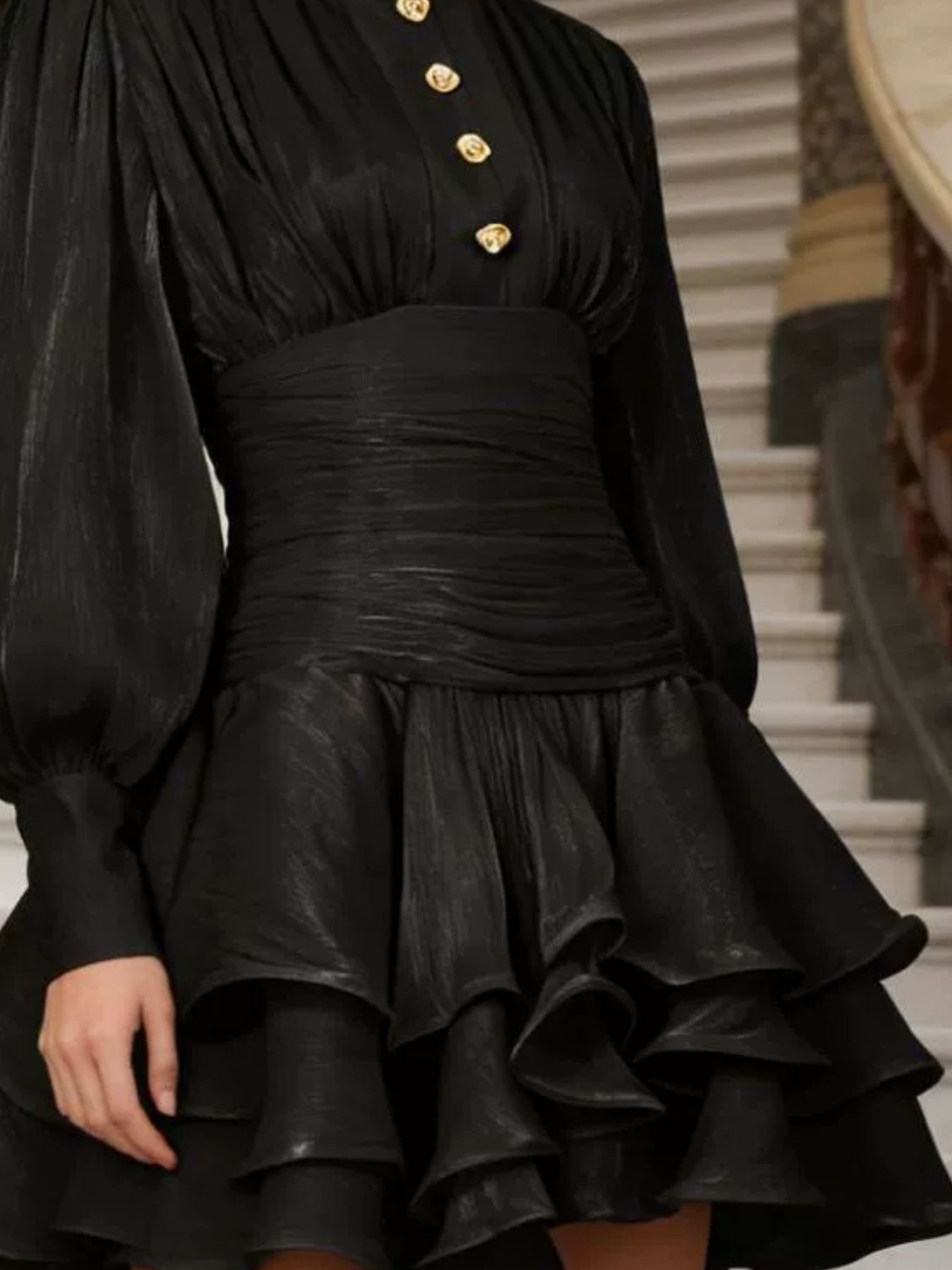 Ruffled Layered Lantern Sleeve Mini Dress by Belle Bijouix in black with gold buttons, ruched waist