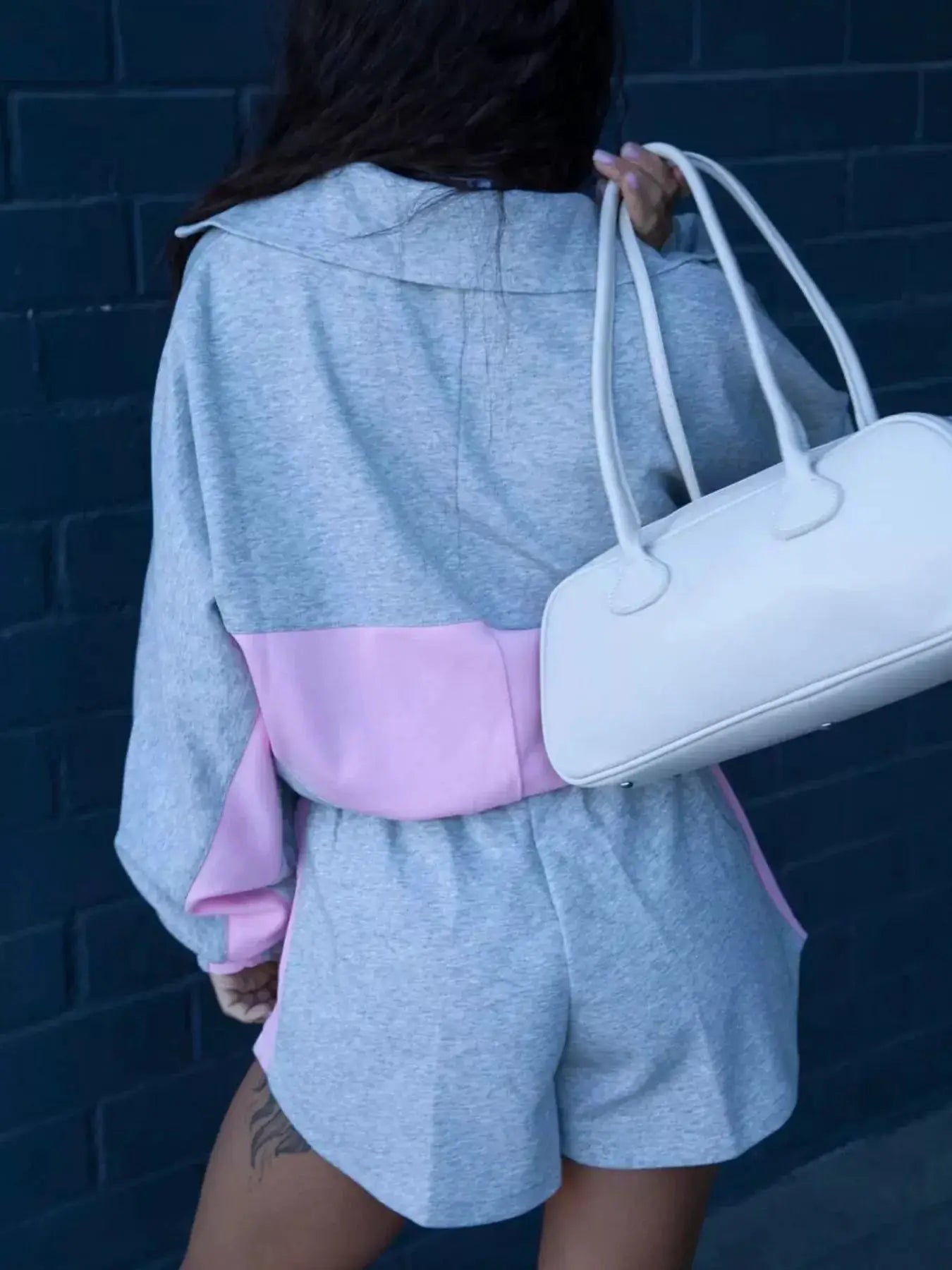 Zip-Up Long Sleeve Top & Shorts Set, two-piece active wear in grey with pink waist panel