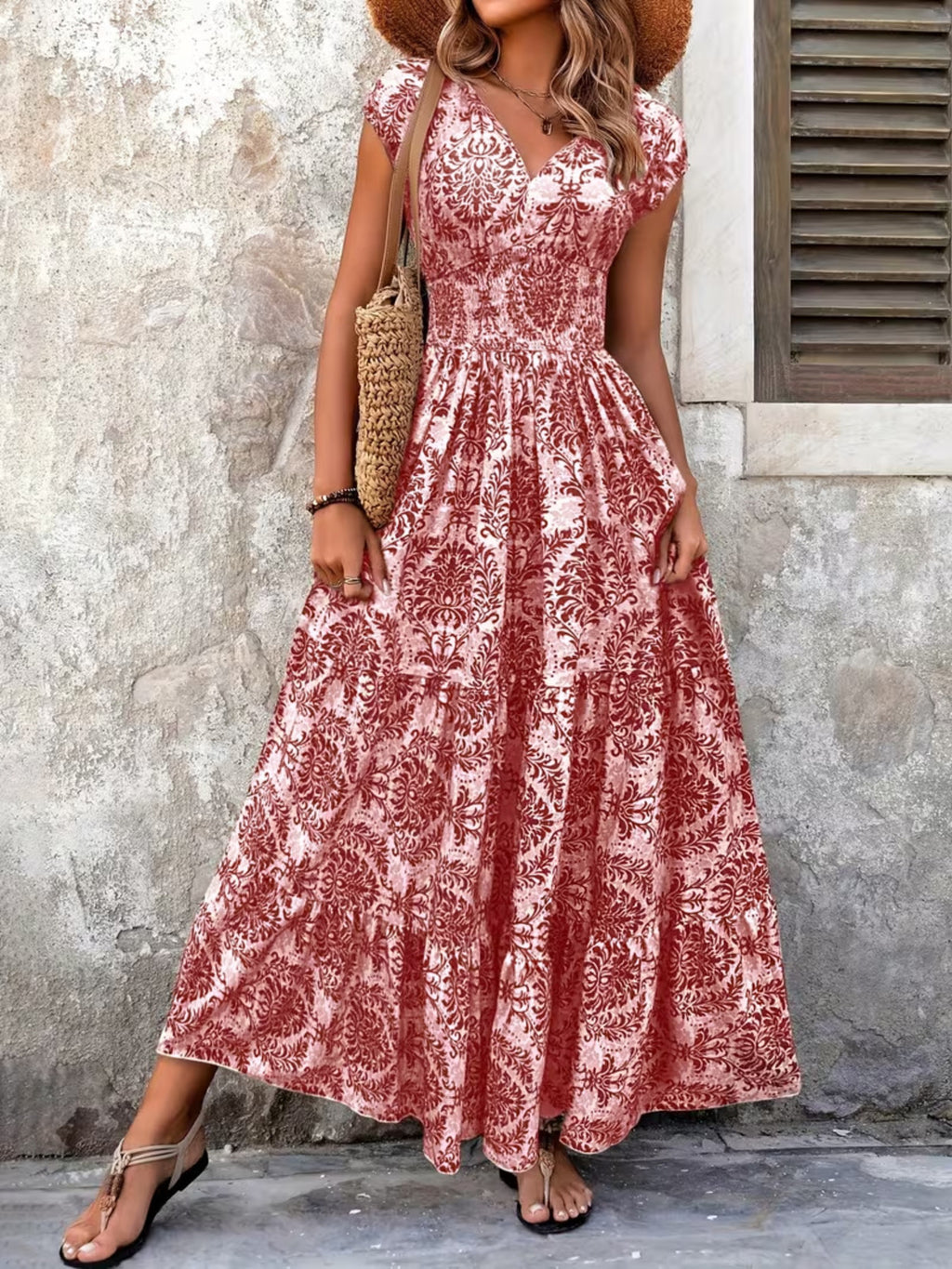 Bellebijouix Printed cap-sleeve maxi dress in red damask print with tiered smocked bodice.