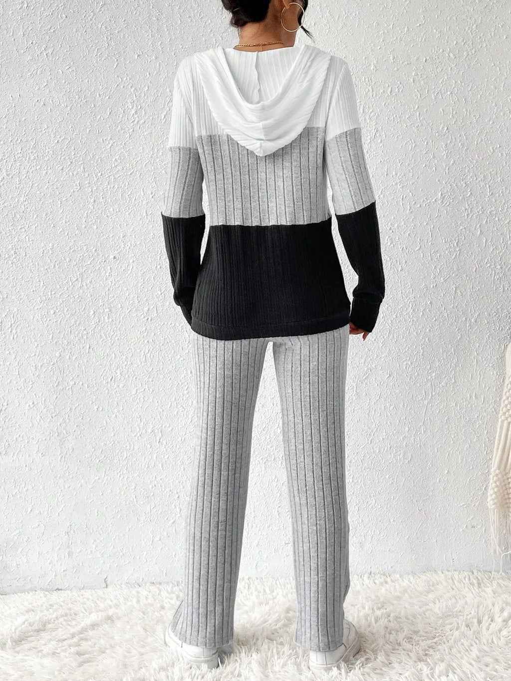 Belle Bijouix two-piece color-block half-zip hooded top and pants set in white, gray, black; ribbed knit active wear