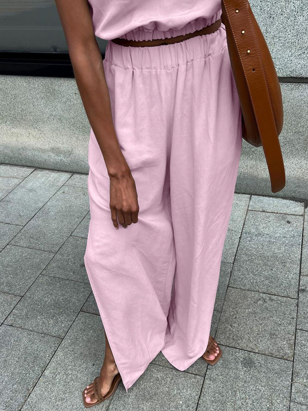 Belle Bijouix pink sleeveless crop top and slit pants set with elastic waist