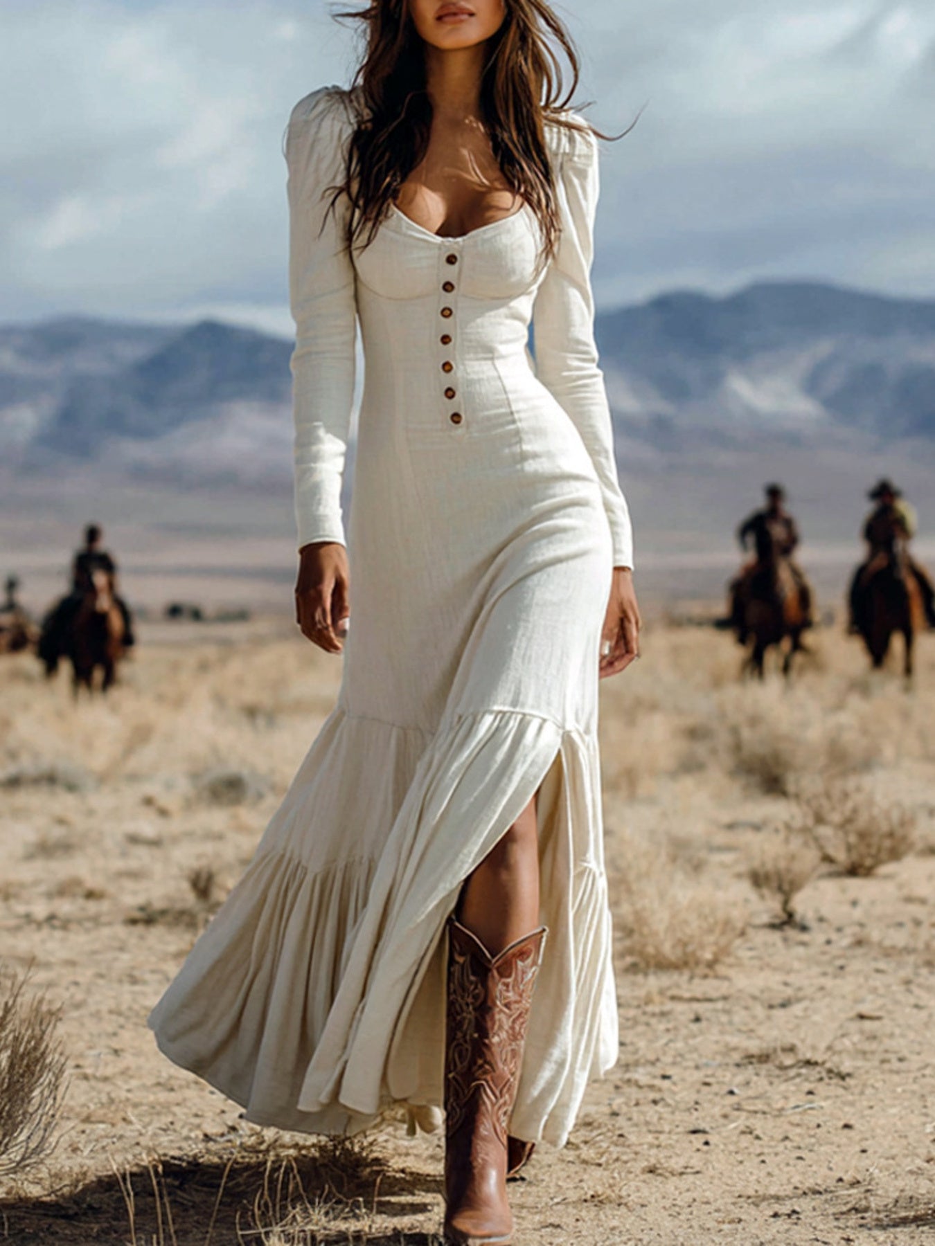 Slit long-sleeve tiered maxi dress in ivory with front button placket