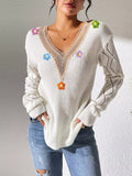 Floral Applique V-Neck Openwork Sweater