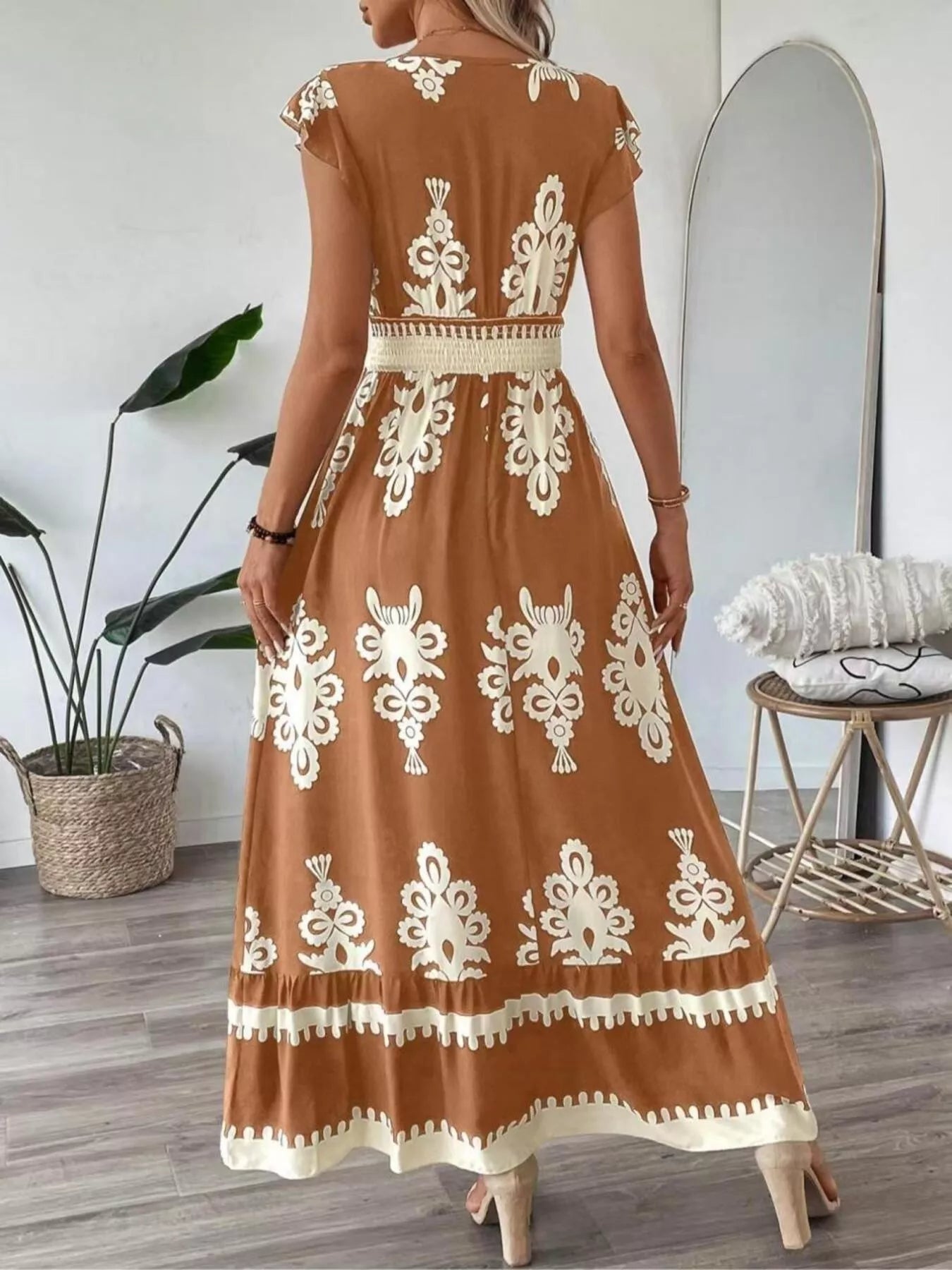 Printed V-Neck Ruffled Cap-Sleeve Dress in brown with ivory damask print, maxi length