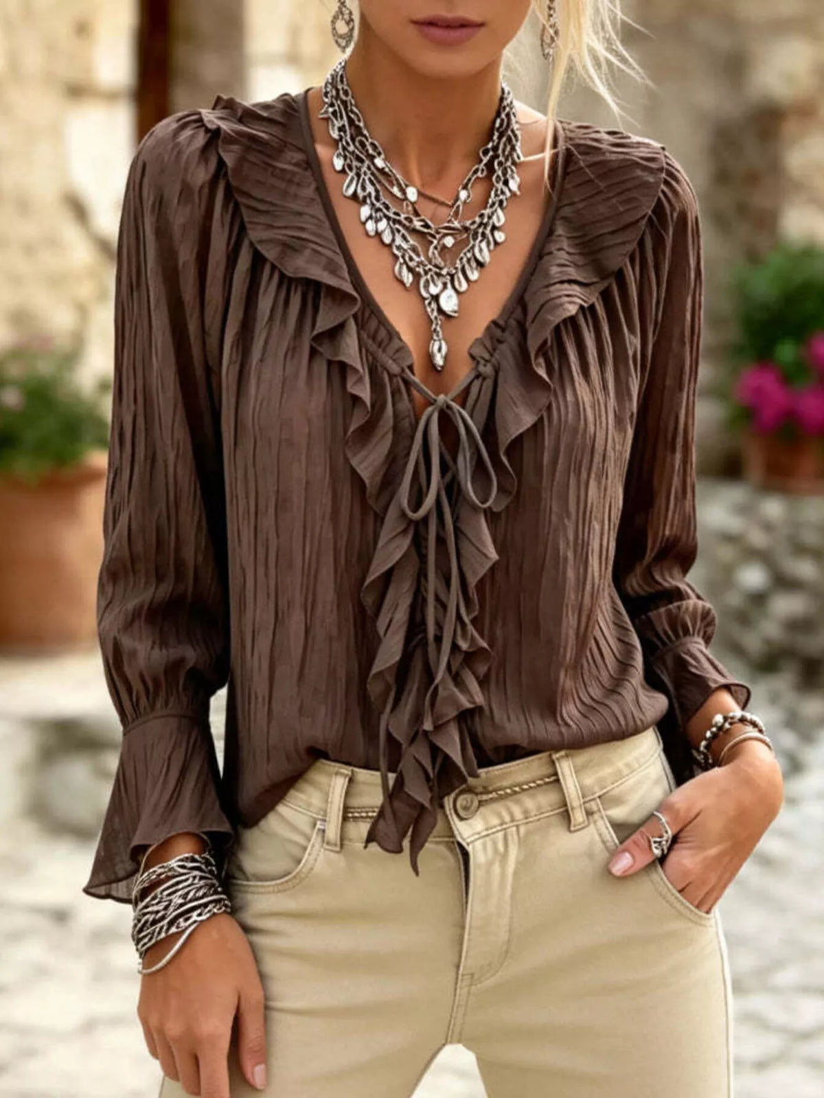 Ruffled Tie Neck Long Sleeve Blouse