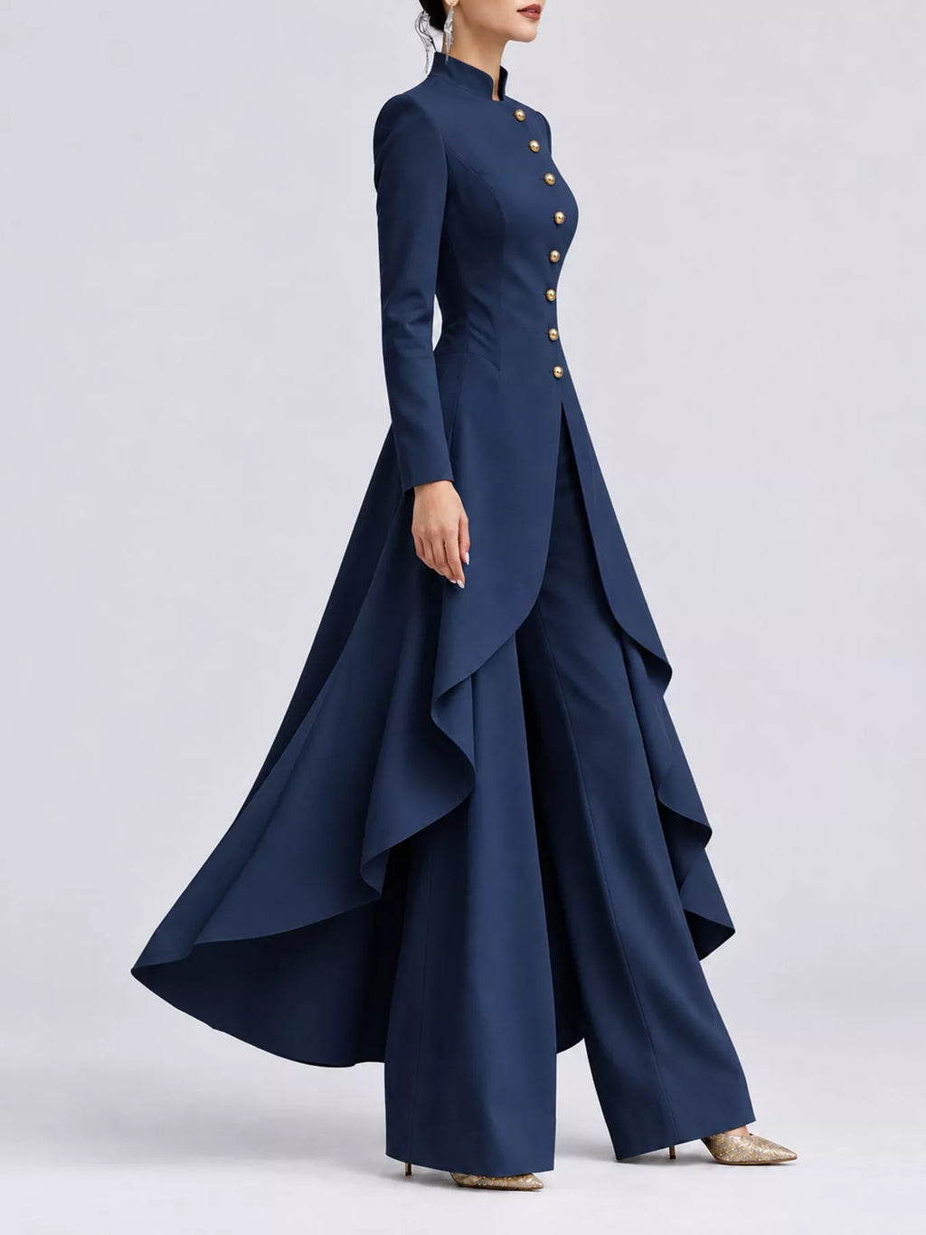 Ruffled High-Low Button Tunic & Wide-Leg Pants Set in Navy by Belle Bijouix – view 36 of 82
