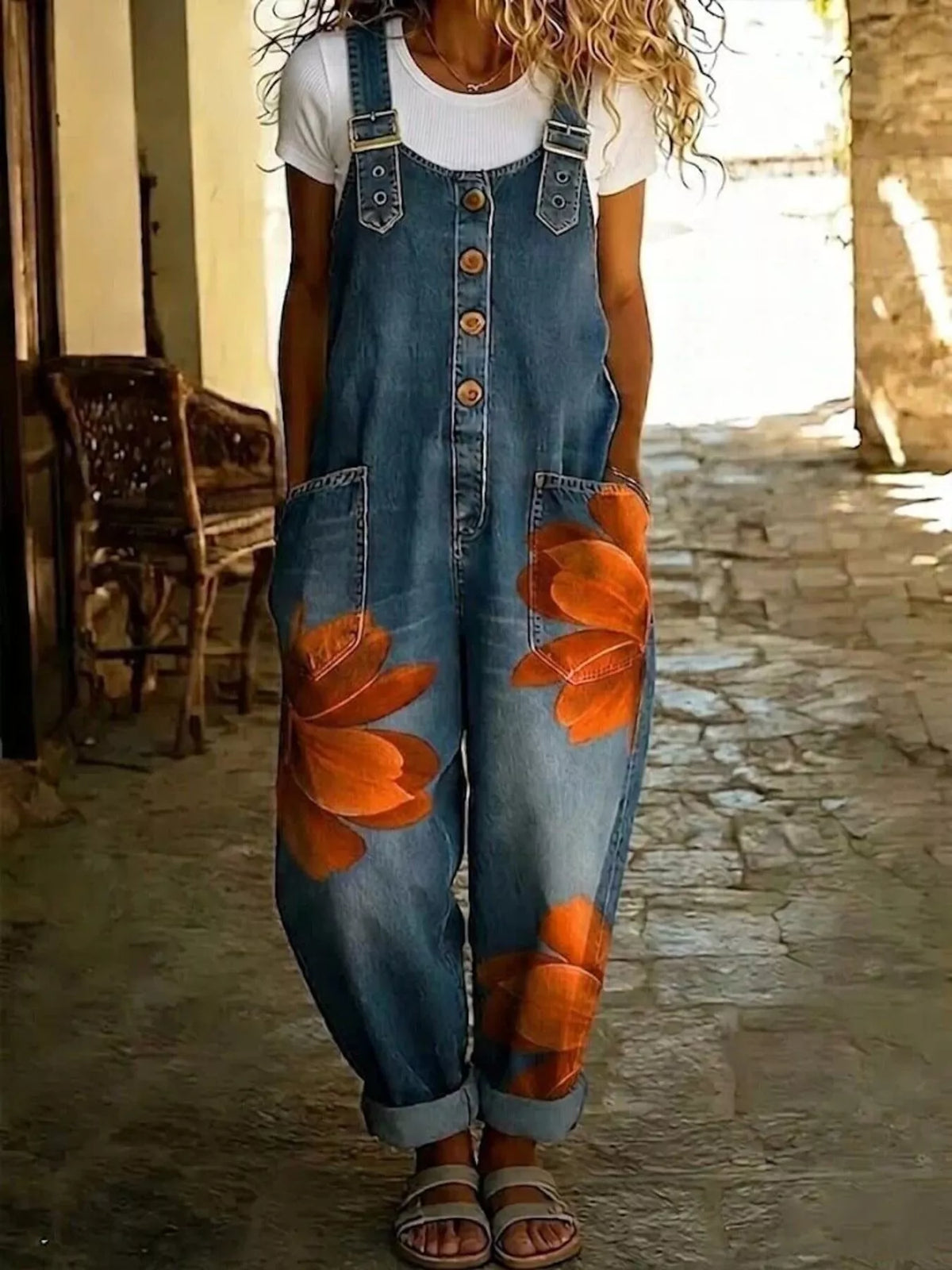 Floral Print Button Front Overalls in Large Orange Flower by Belle Bijouix – view 7 of 9