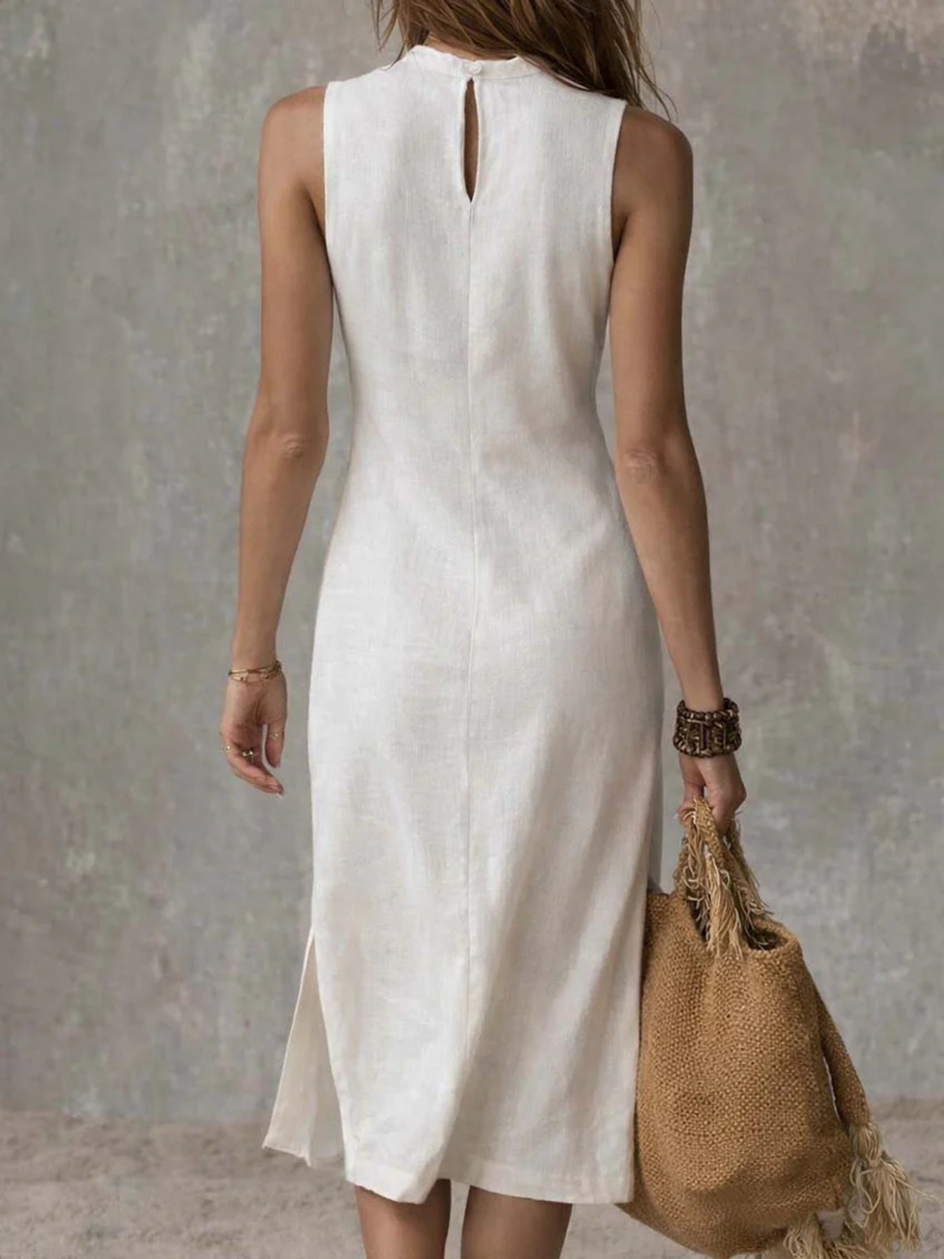 Dress plus-size sleeveless mock-neck midi with back slit in white linen-like fabric, back view