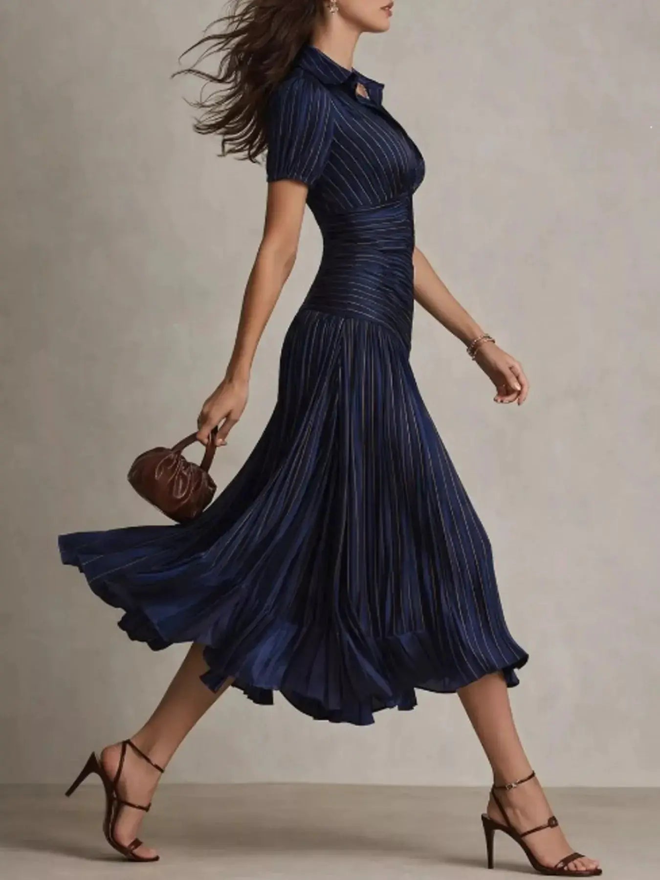 Pleated striped navy short-sleeve midi dress with ruched waist in motion