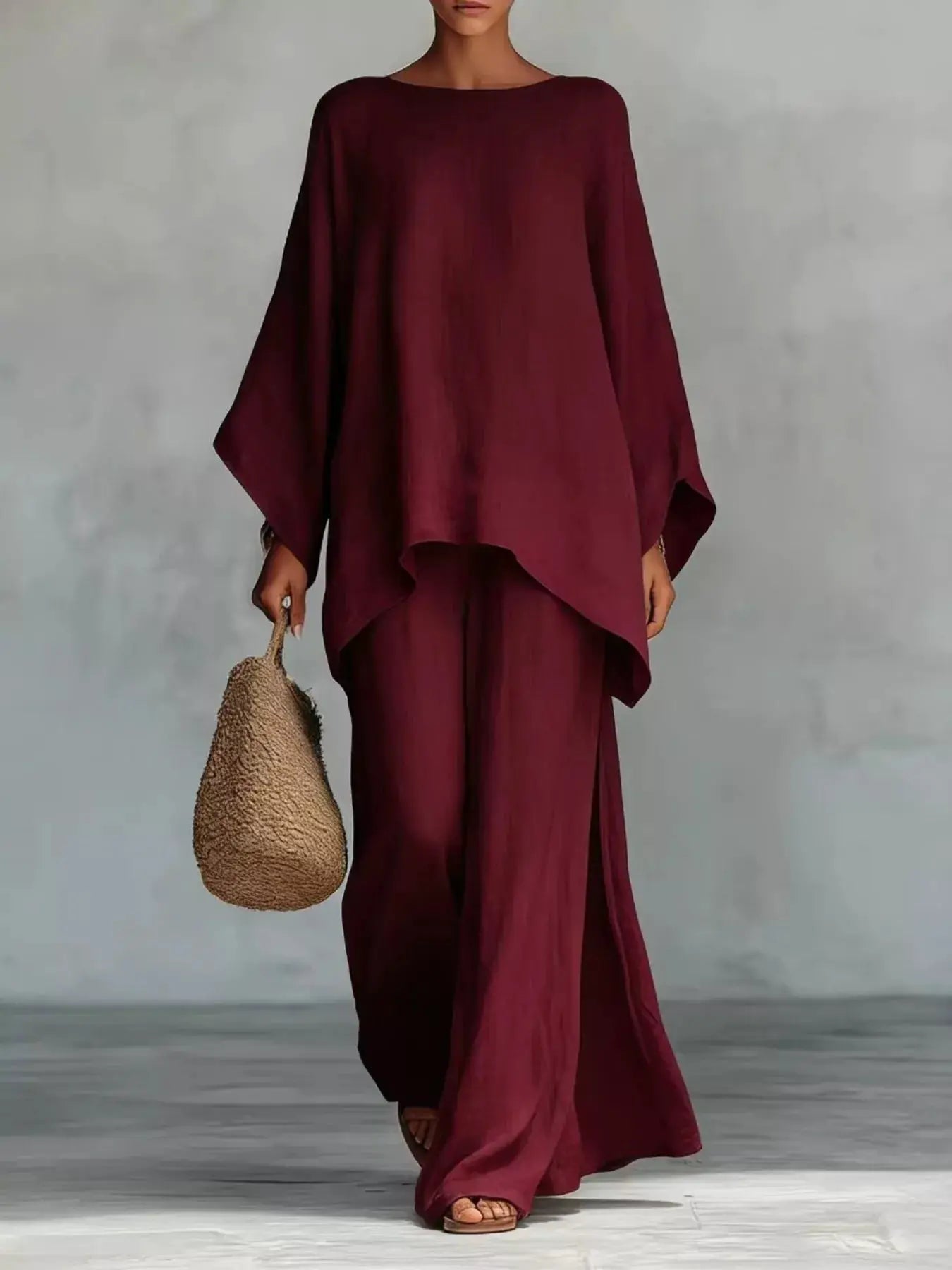 Plus Size Two-Piece Round Neck Top & Wide Leg Pants Set in burgundy