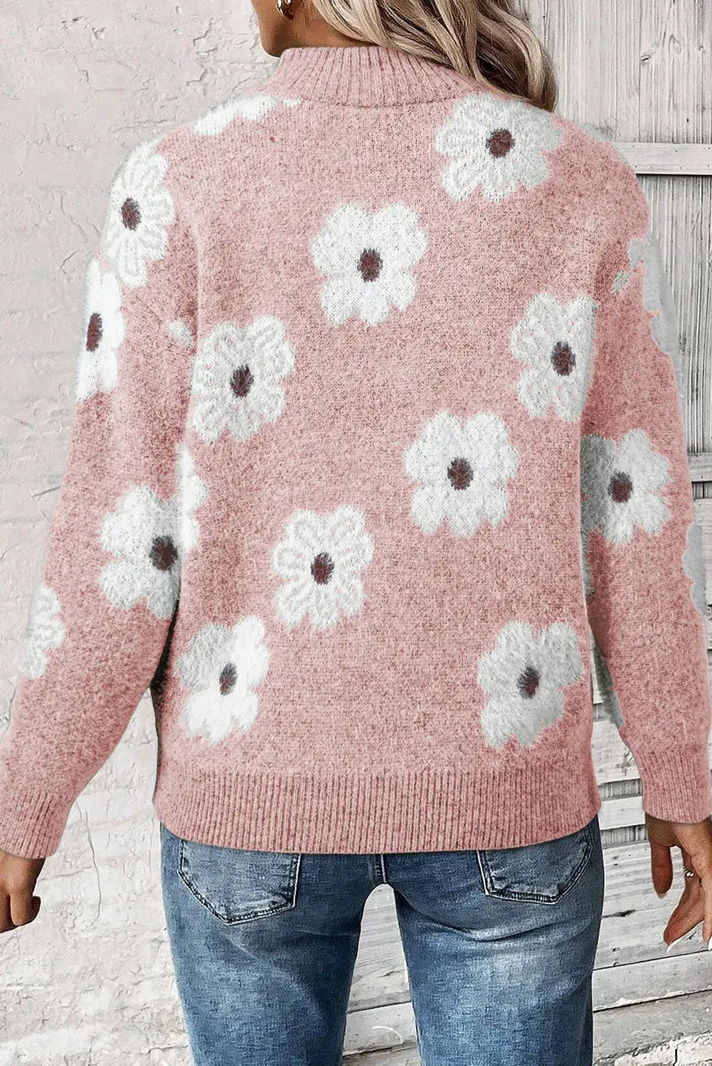 Flower Half Zip Long Sleeve Sweater, pink knit with white daisy pattern, back view.