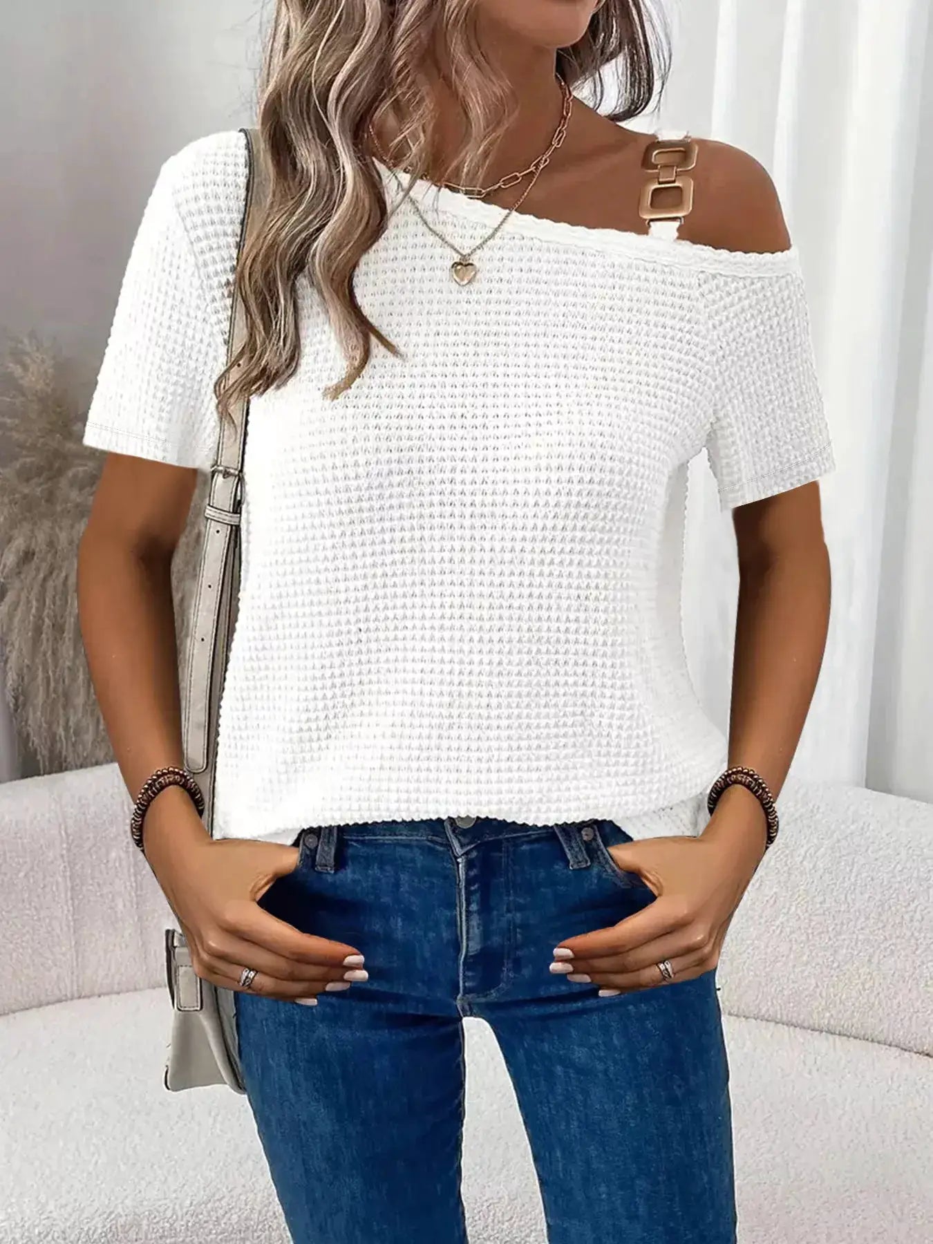 One-Shoulder Chain-Detail Waffle Knit T-Shirt in white with gold chain strap