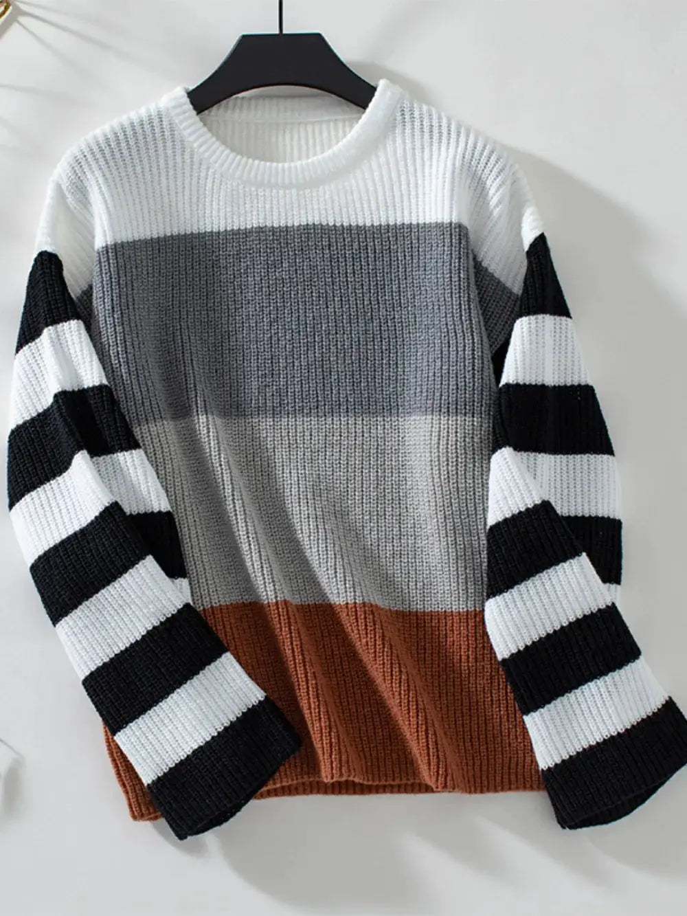 Color Block Round Neck Long Sleeve Knit Sweater with white, gray, rust blocks and black-and-white striped sleeves