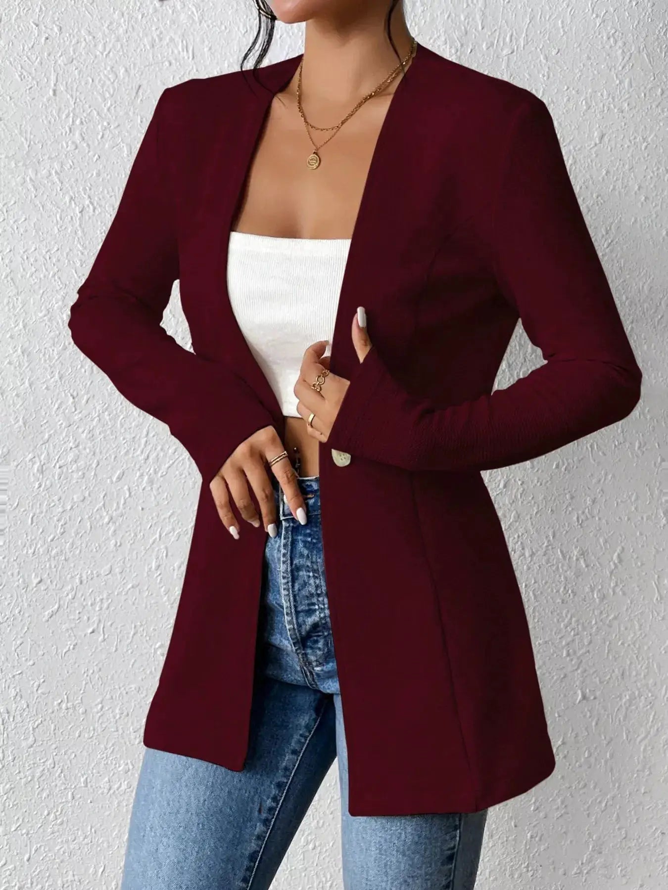 Single-Button Long Sleeve Blazer in burgundy, open-front, tailored fit.