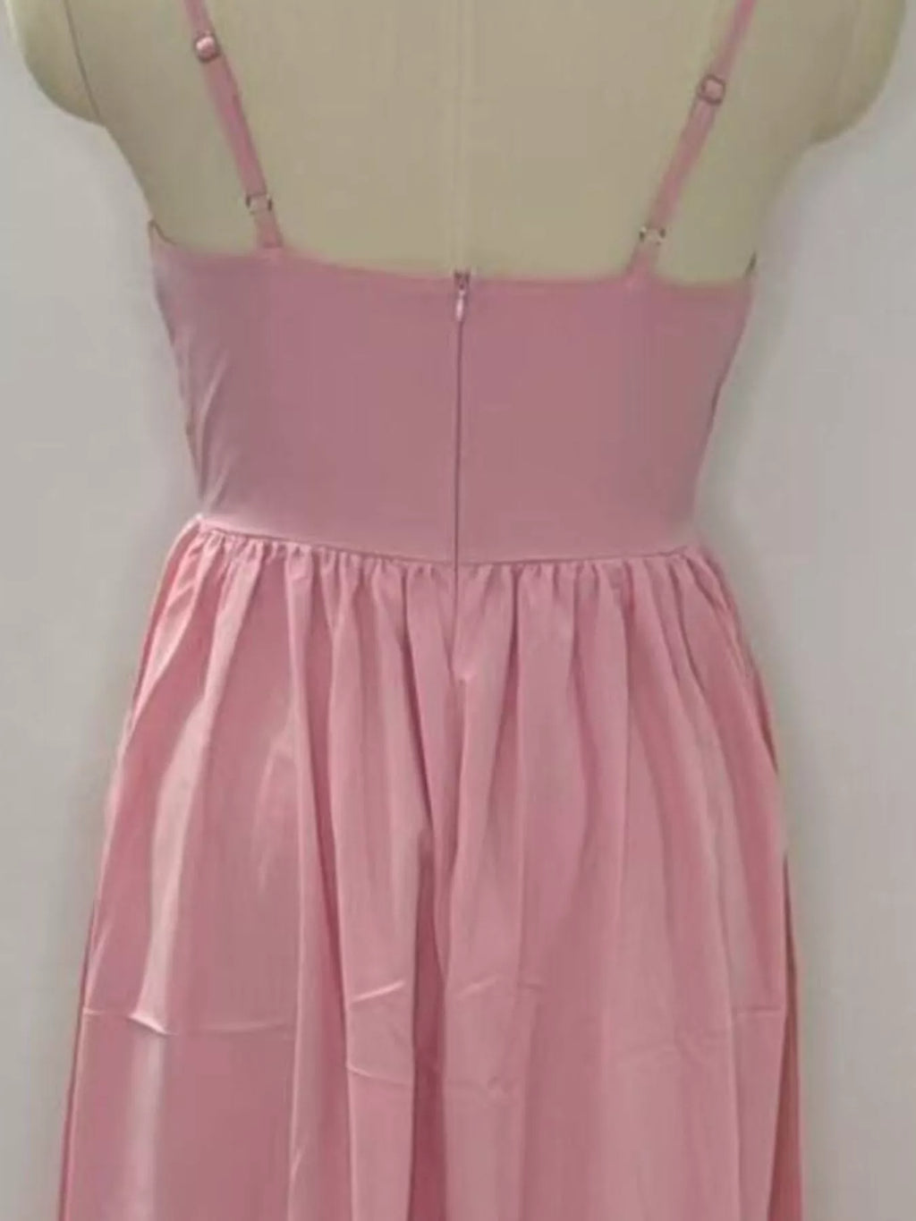 Adjustable Strap Scoop Neck Midi Dress in pink with back zipper and gathered skirt.
