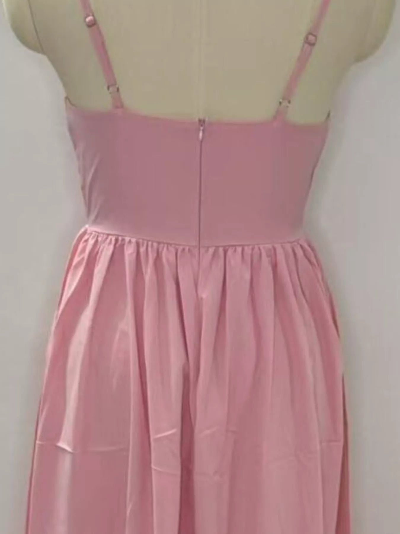 Adjustable Strap Scoop Neck Midi Dress in pink with back zipper and gathered skirt.