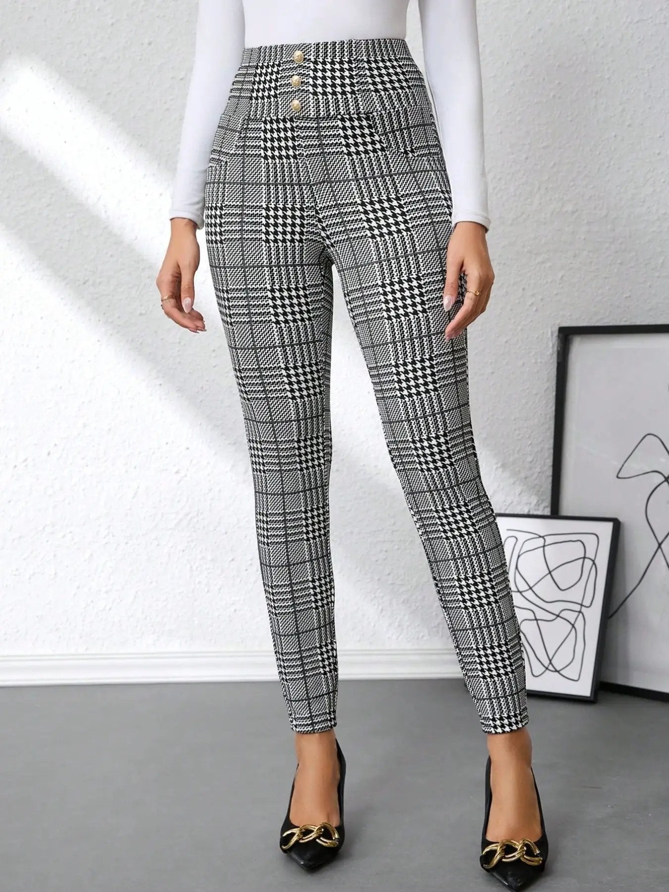 High Waist Plaid Slim Fit Pants by Trendsi in black-and-white plaid with gold button accents.
