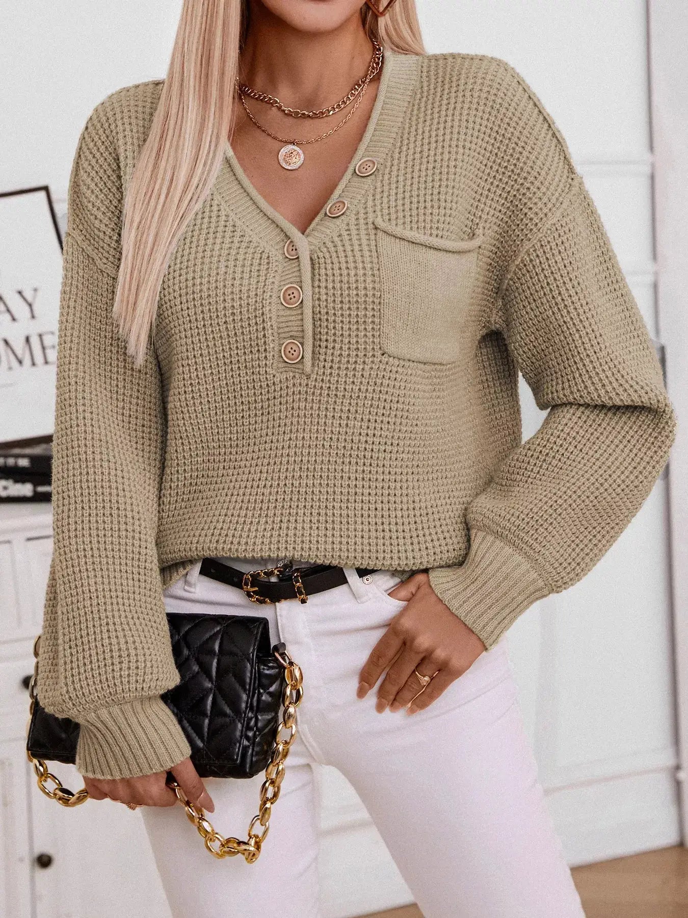 Beige knitted Button Detail Long Sleeve Sweater with V-neck, button placket and chest pocket