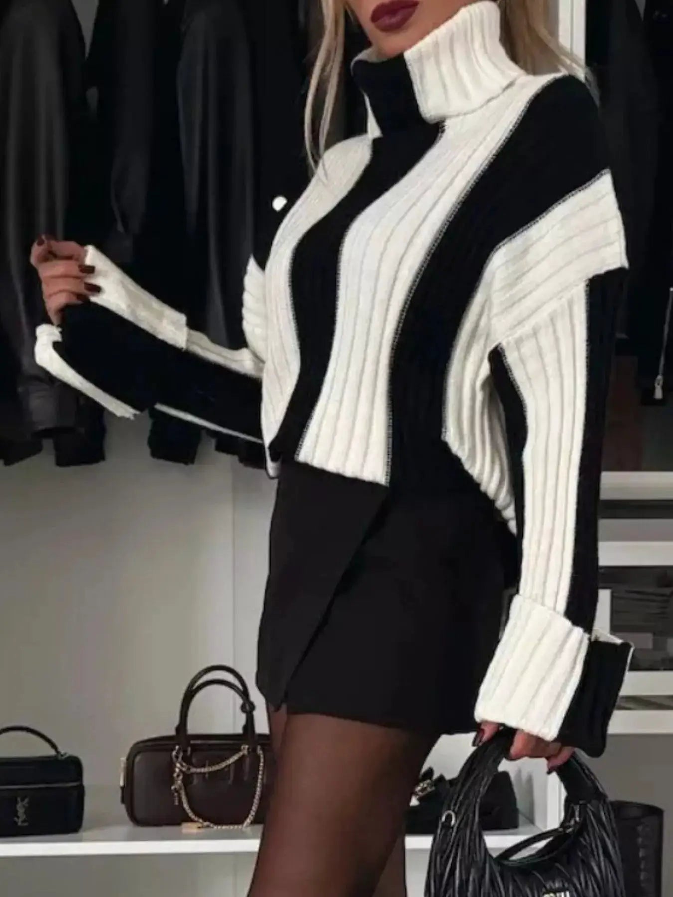 Color Block Ribbed Turtleneck Sweater by Belle Bijouix in black and white