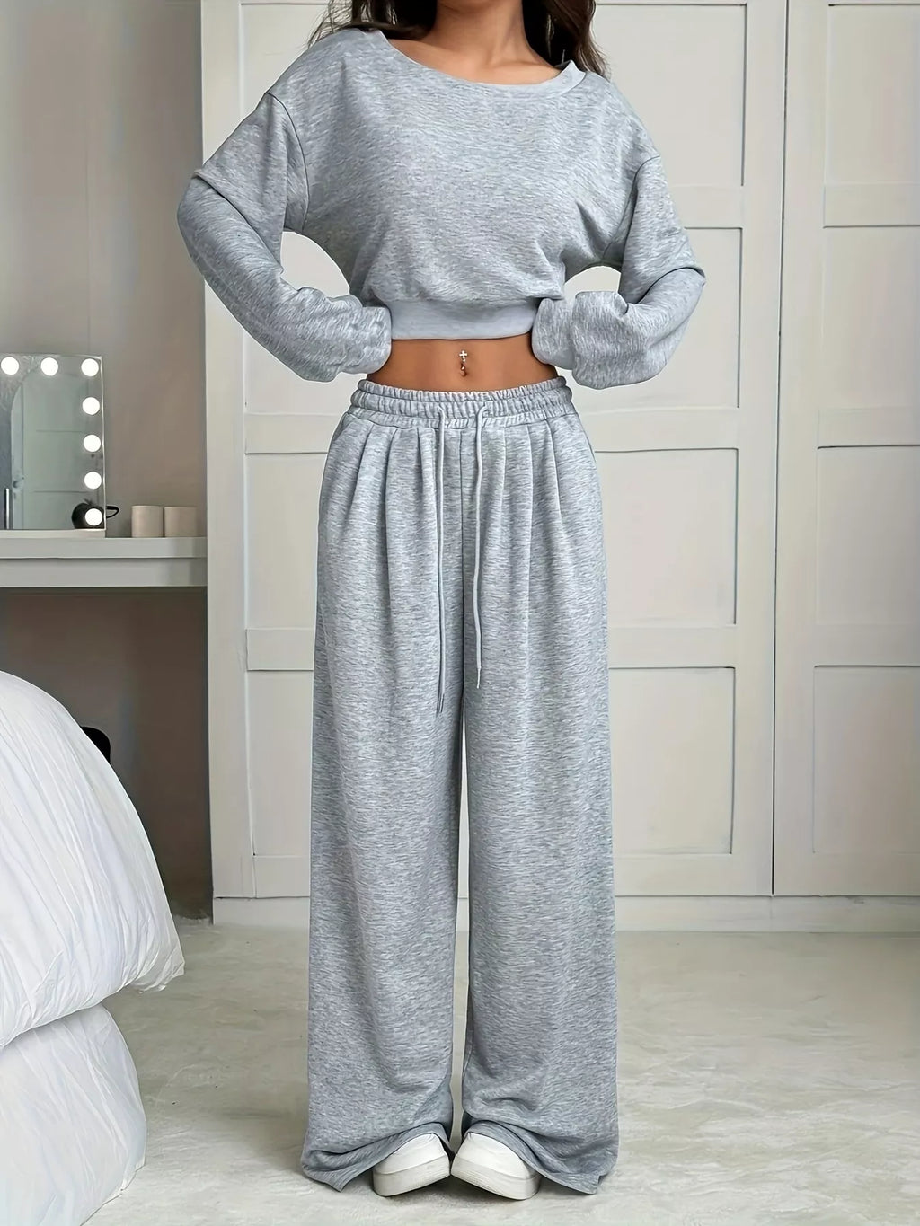 Full Size Boat Neck Crop Top & Wide-Leg Pants Set in gray heather knit; sleepwear lounge set