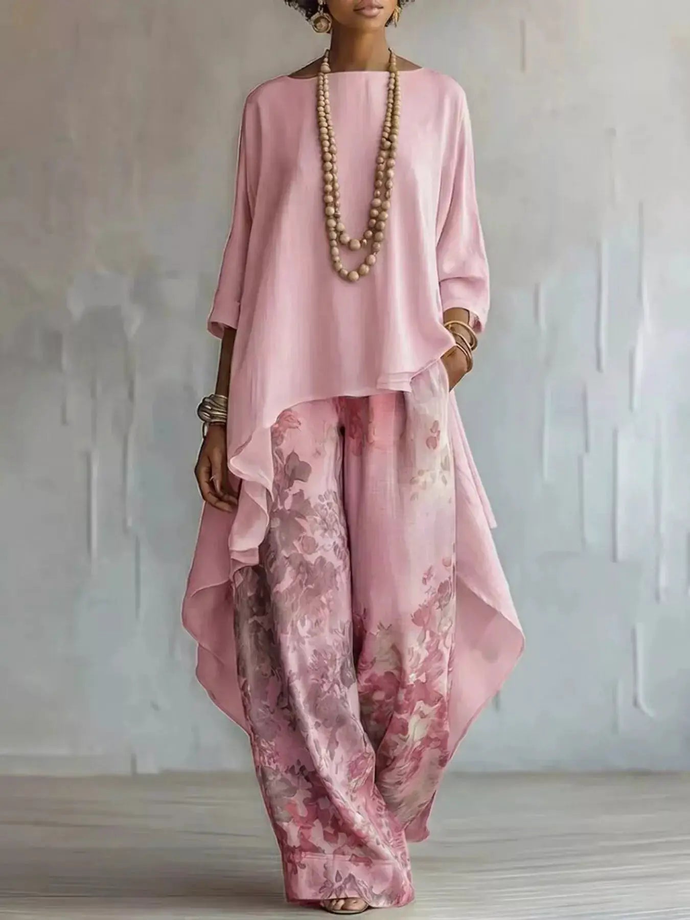 Asymmetrical Hem Top and Floral Pants Set, pink top with floral-print pants by Belle Bijouix; layered bead necklaces