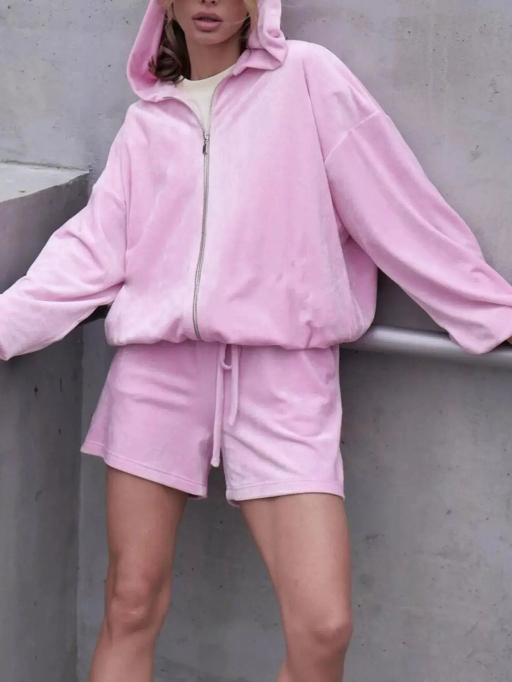 Zip-Up Hoodie & Shorts two-piece pink velour activewear set