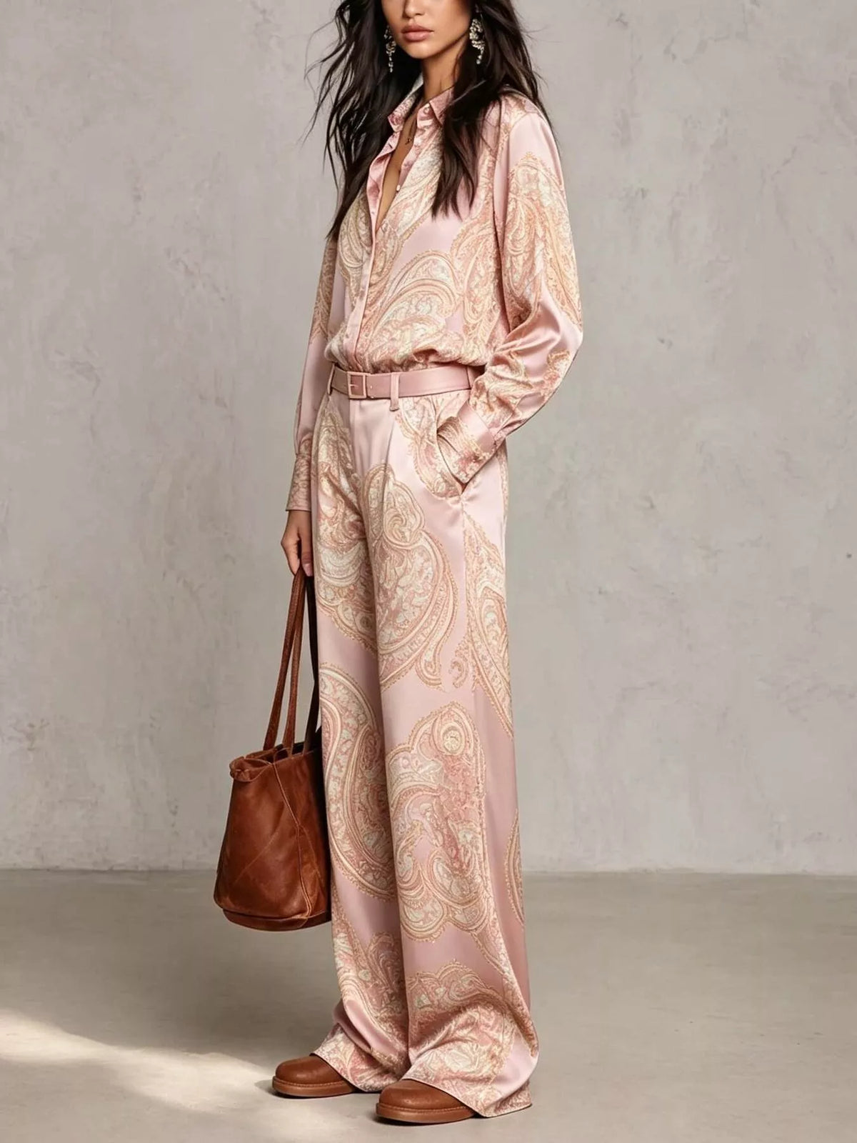 Side view of blush pink paisley shirt and wide-leg pants set