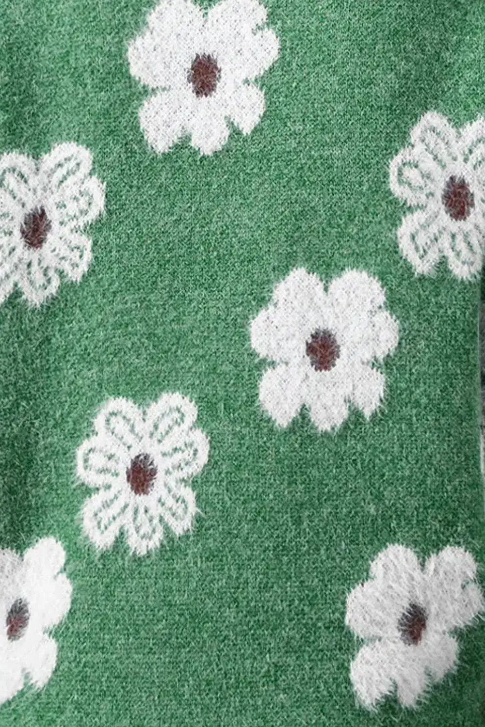Flower Half Zip Long Sleeve Sweater in green knit with white daisy pattern
