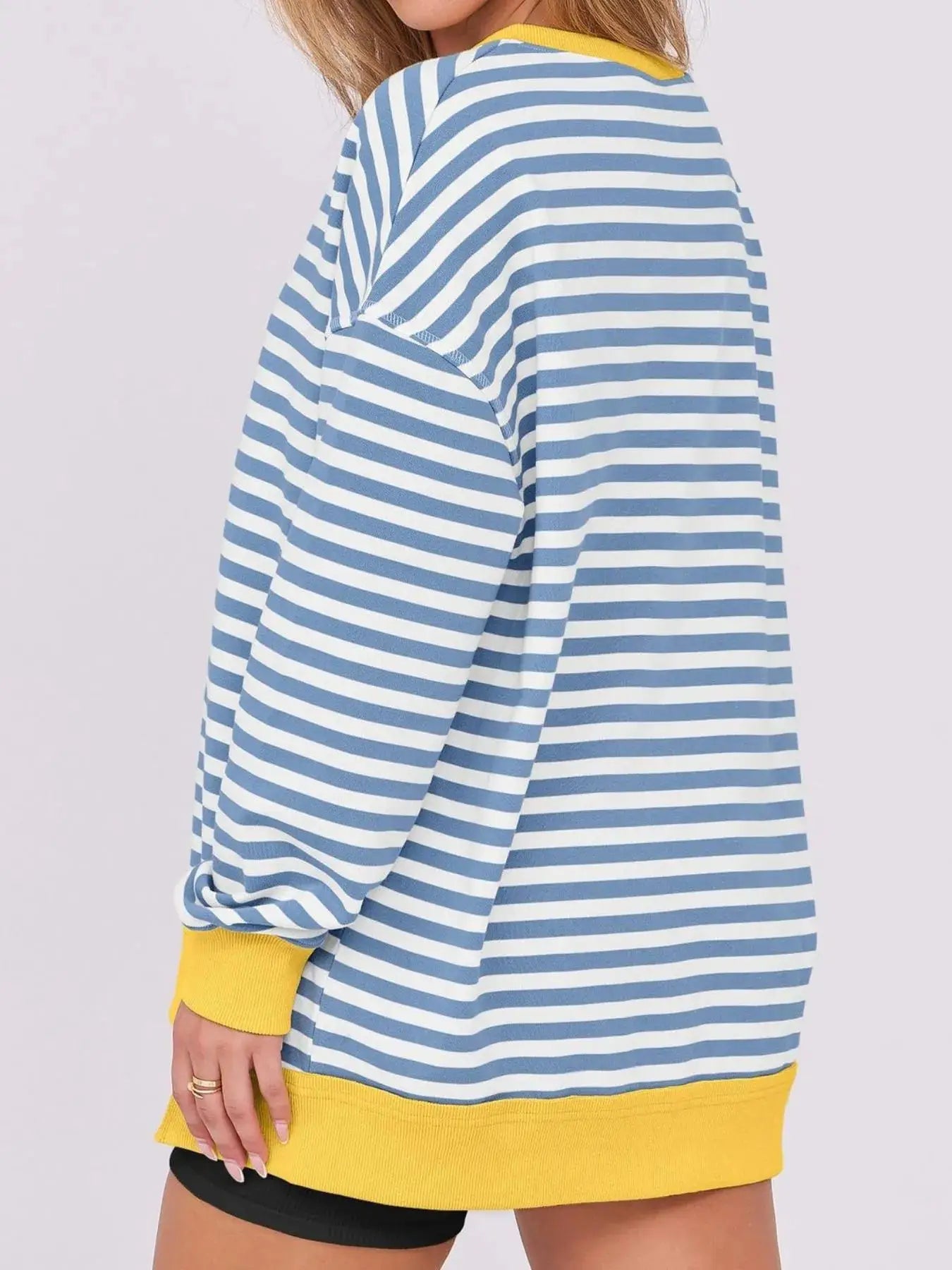 Notched Long Sleeve Oversized Sweatshirt in blue and white stripes with yellow ribbed cuffs and hem details