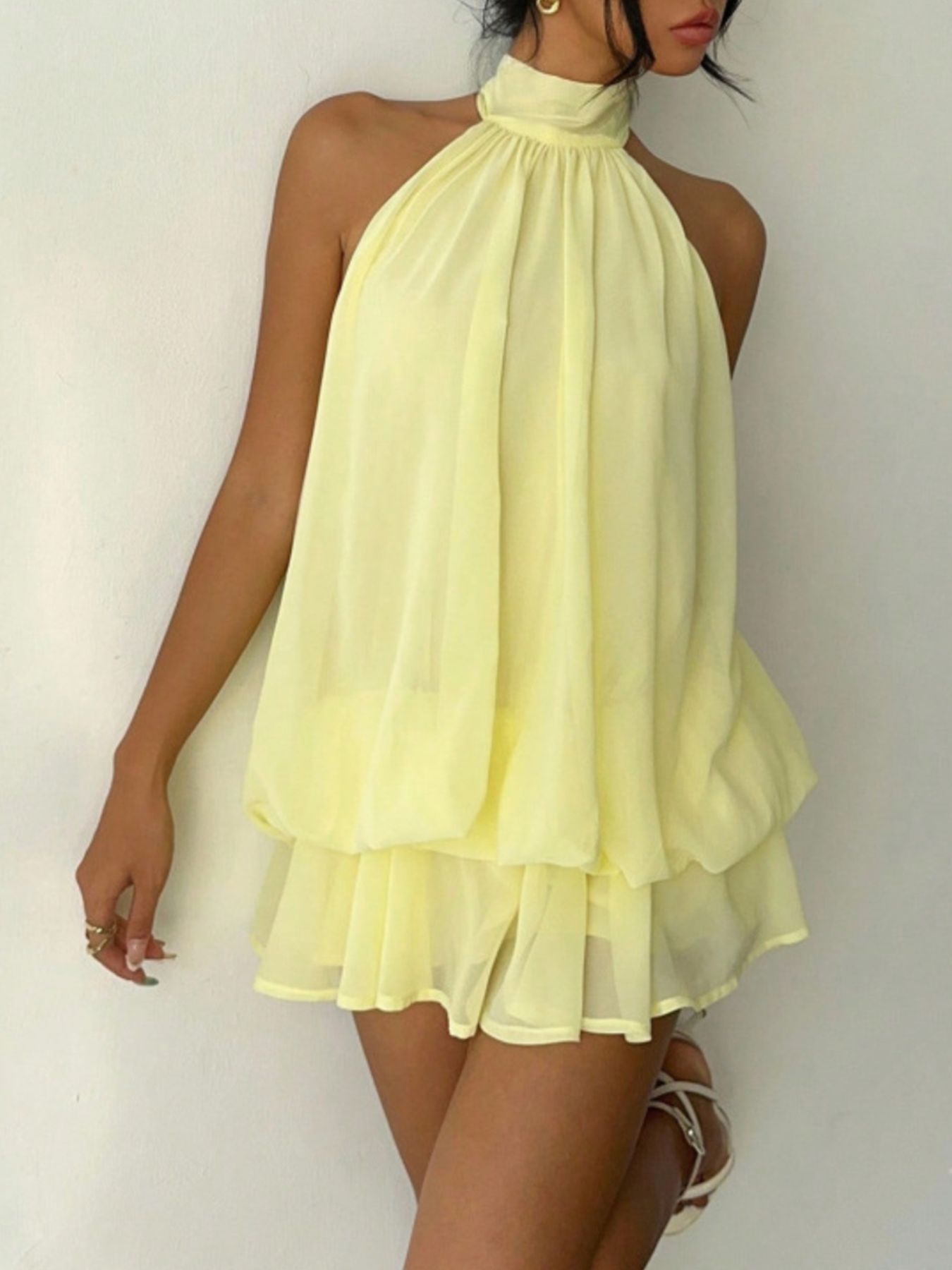 Halter Neck Layered Mini Dress in pale yellow chiffon, tiered and tied